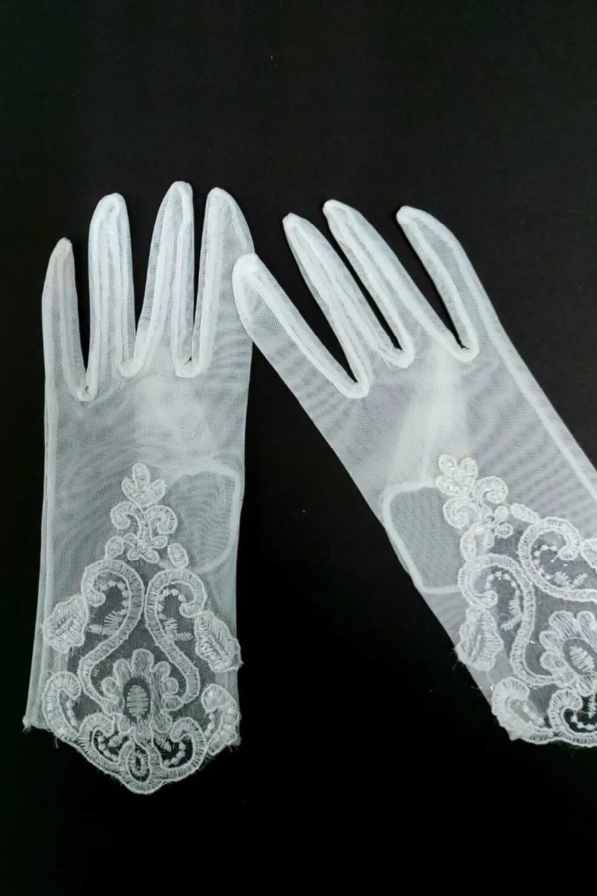 Dantel Desenli Beyaz Bilek Boyu Gelin Eldiveni