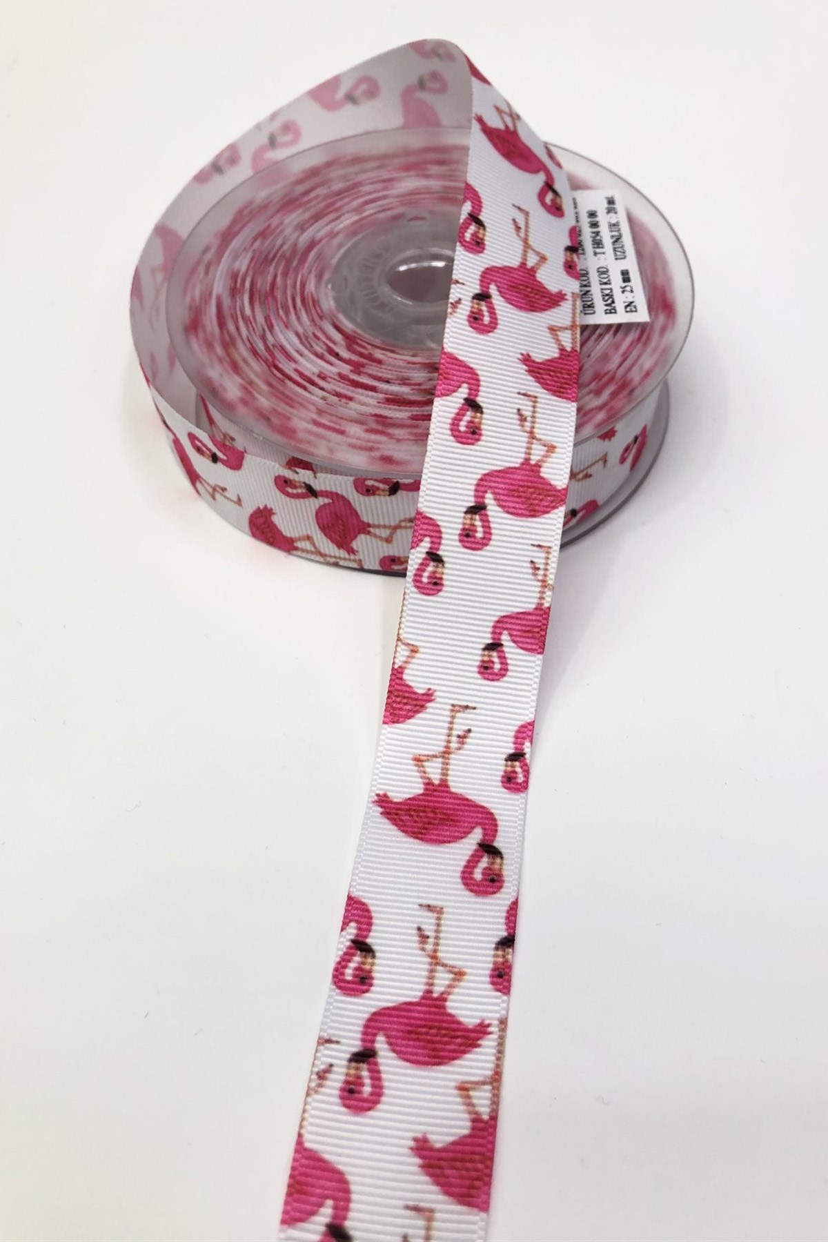 Fuşya Beyaz Flamingo Baskılı Grogren Kurdele 2,5Cm