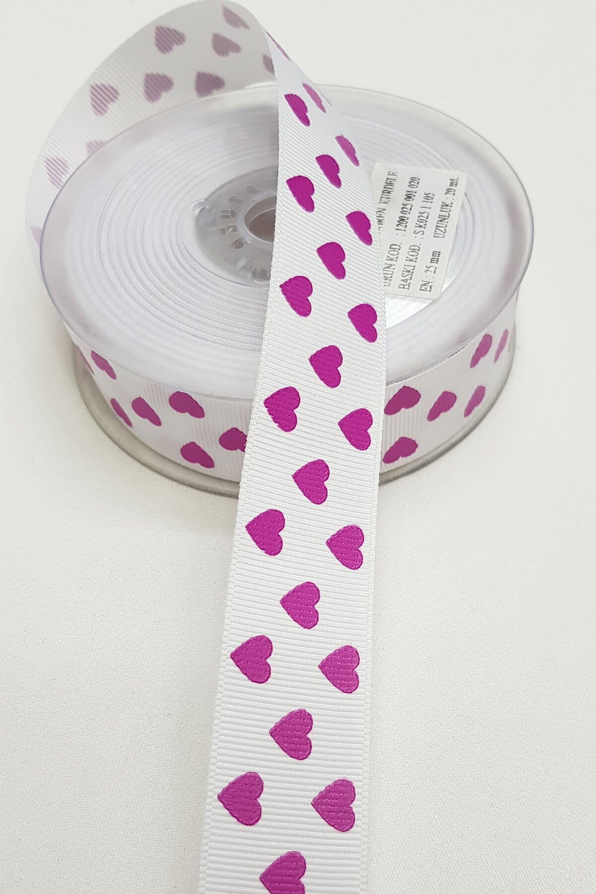 Fuşya Kalp Baskılı Grogren Kurdele 2,5Cm