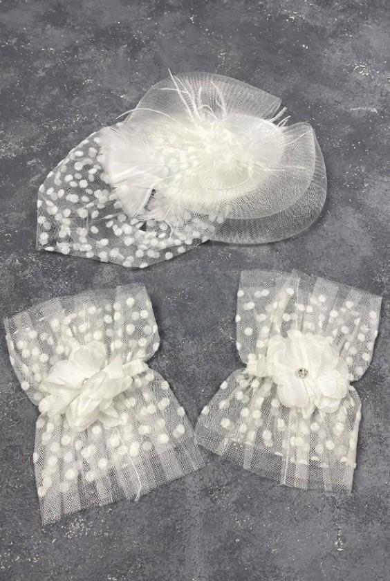 Gelin Aksesuar Beyaz Vualet Nikah Şapkası Saç Aksesuarı Ve Puanlı Taşlı Hera Çift Bilek Aksesuarı
