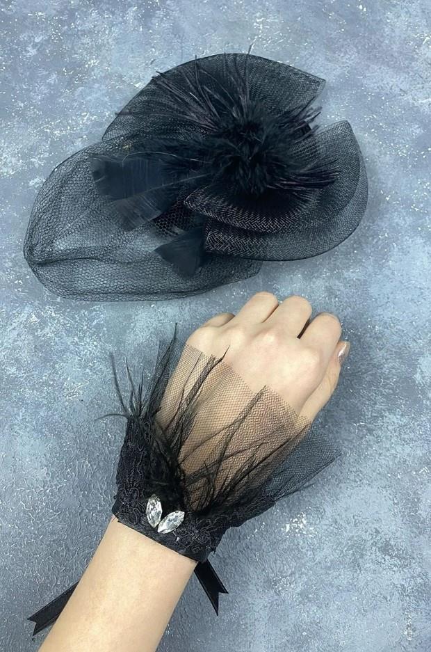 Gelin Aksesuar Siyah Vualet Nikah Şapkası Saç Aksesuarı Ve Havin Tüylü Bilek Aksesuarı