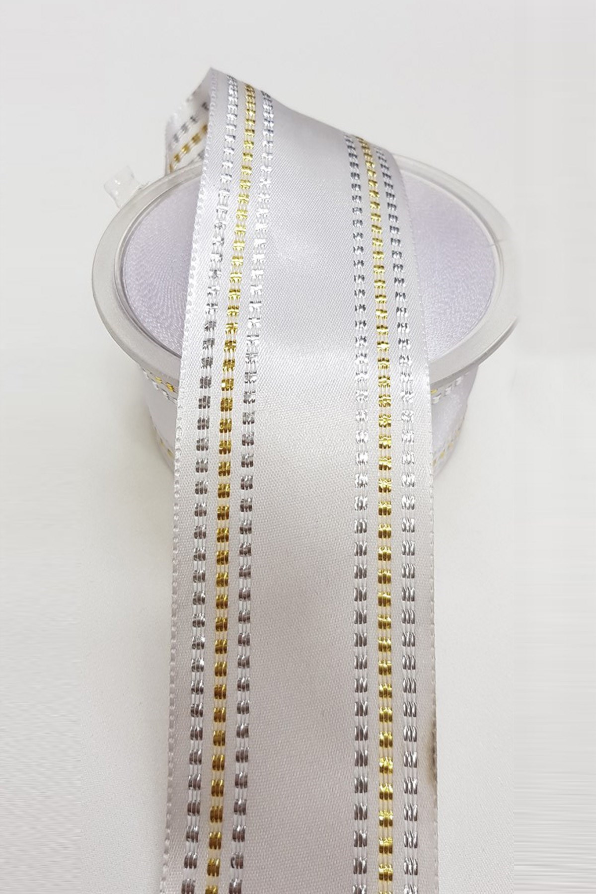 Gold Gümüş Çizgi Varaklı Saten Kurdele 4Cm