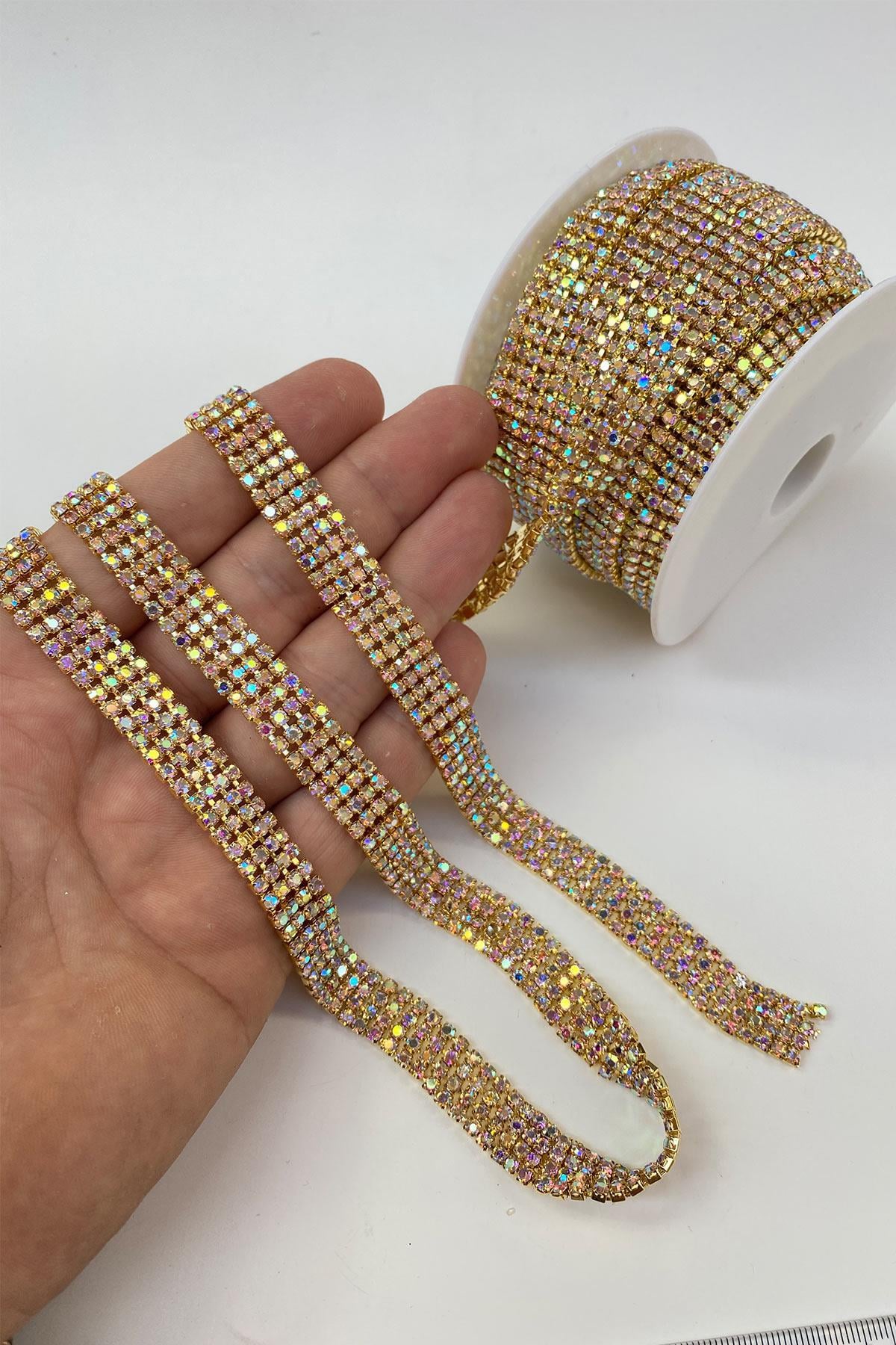Gold Gümüş Janjanlı Parlak 4 Sıralı Beyoğlu Şerit Taş Boncuk