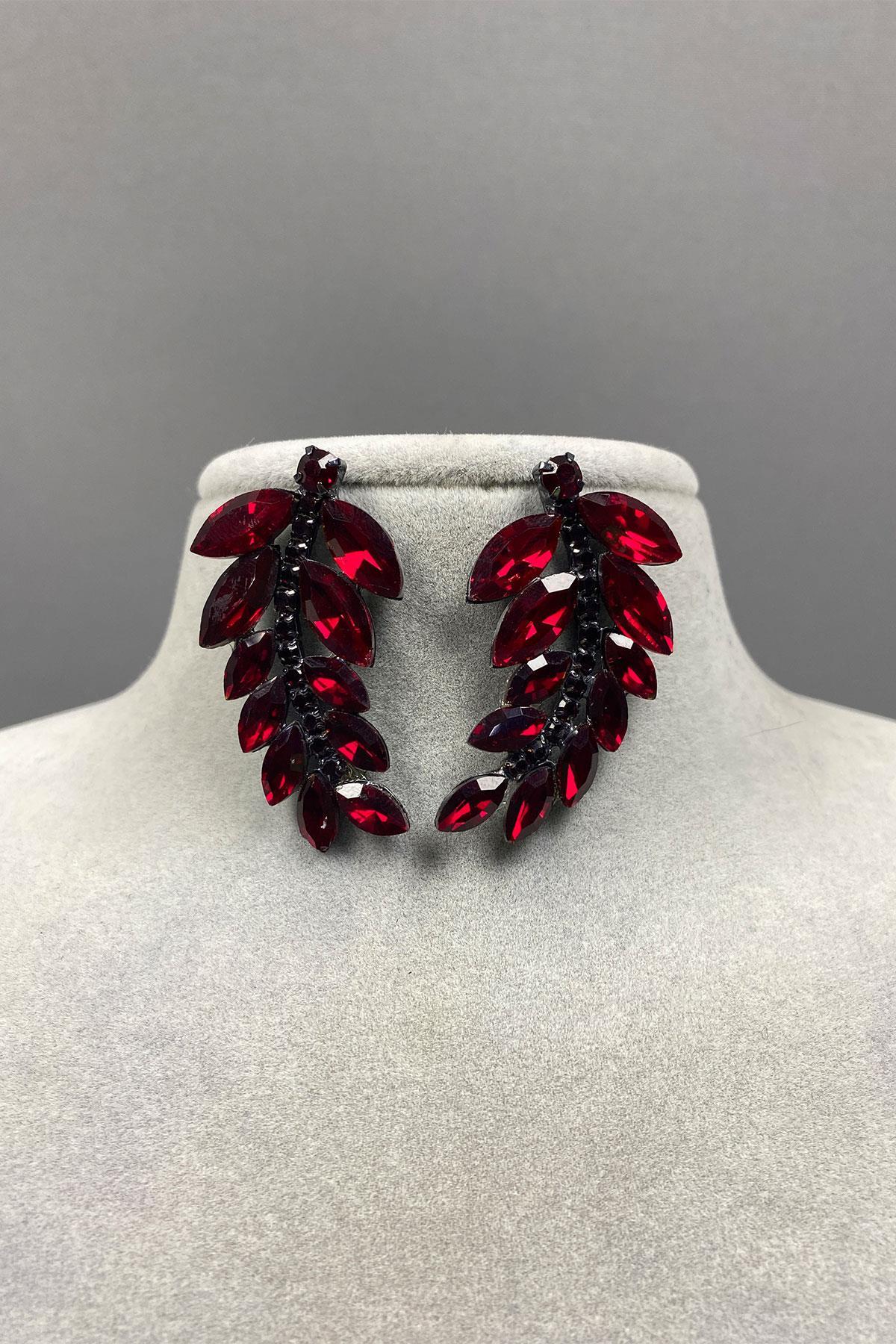 Gümüş Bordo Yaprak Desen Ela Abiye Taşlı Gelin Küpesi