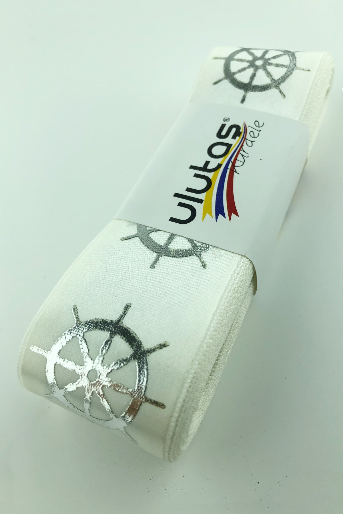 Gümüş Dümen Varak Baskılı Saten Kurdele 4 cm