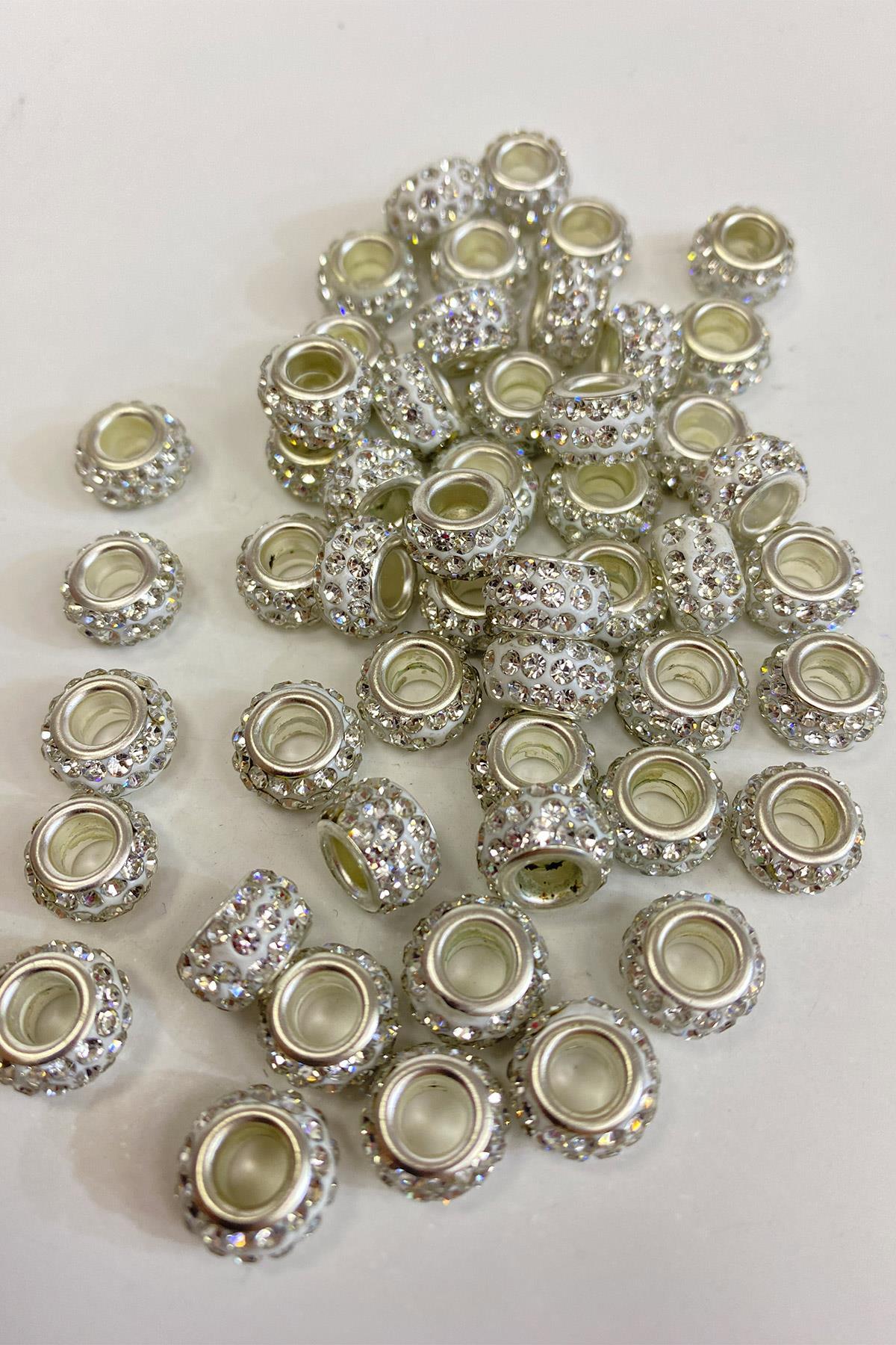 Gümüş Parlak Taşlı İri Delikli Boncuk 12 mm