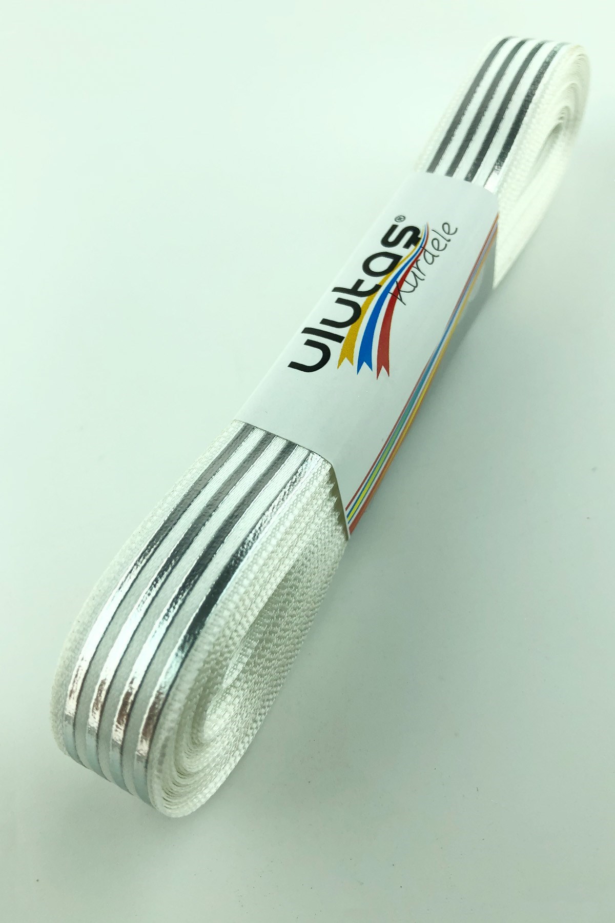 Gümüş Şerit Varak Baskılı Saten Kurdele 1,5 cm