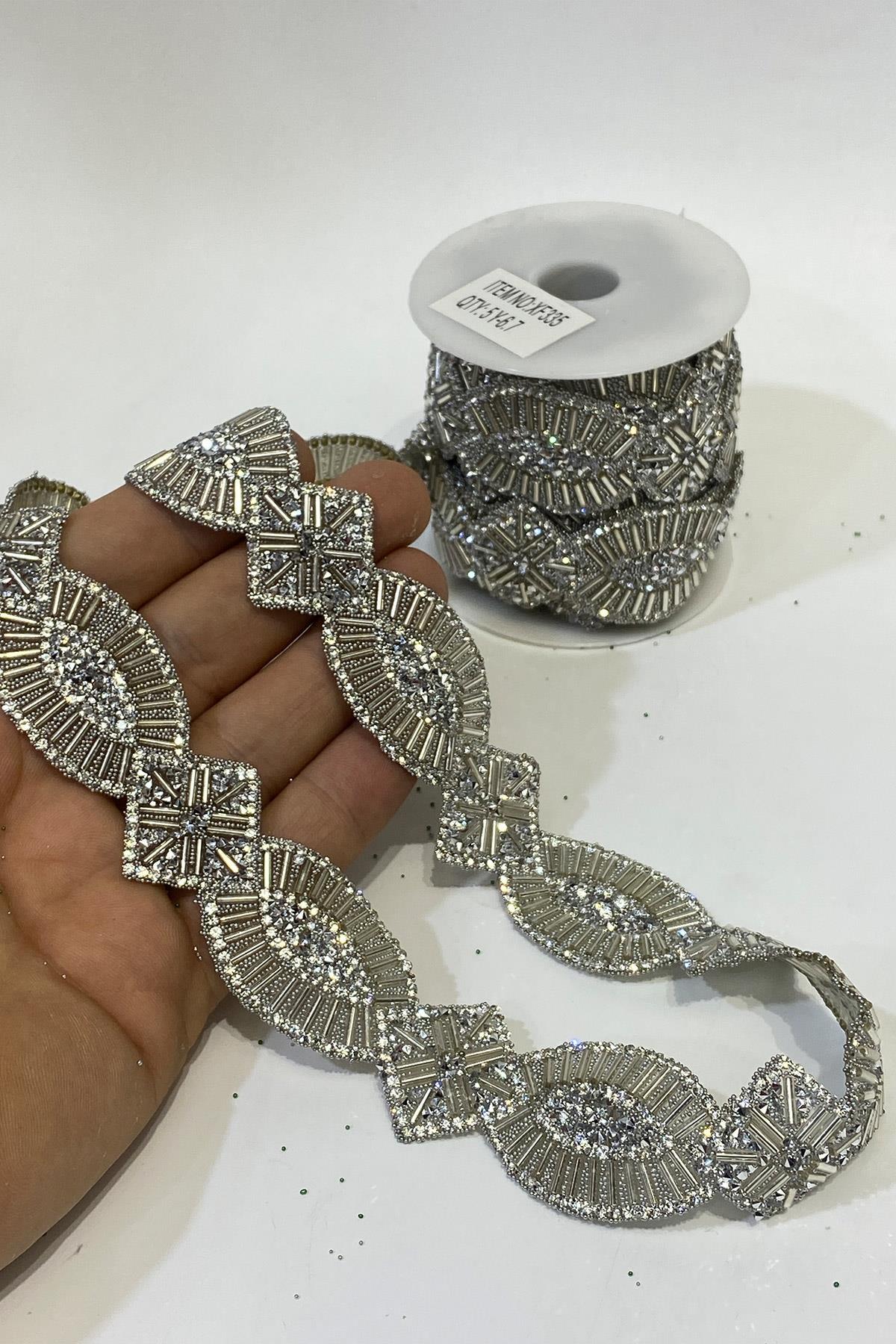 Gümüş Ütüyle Yapışan Taşlı Oval Aksesuar Boncuklu Şerit