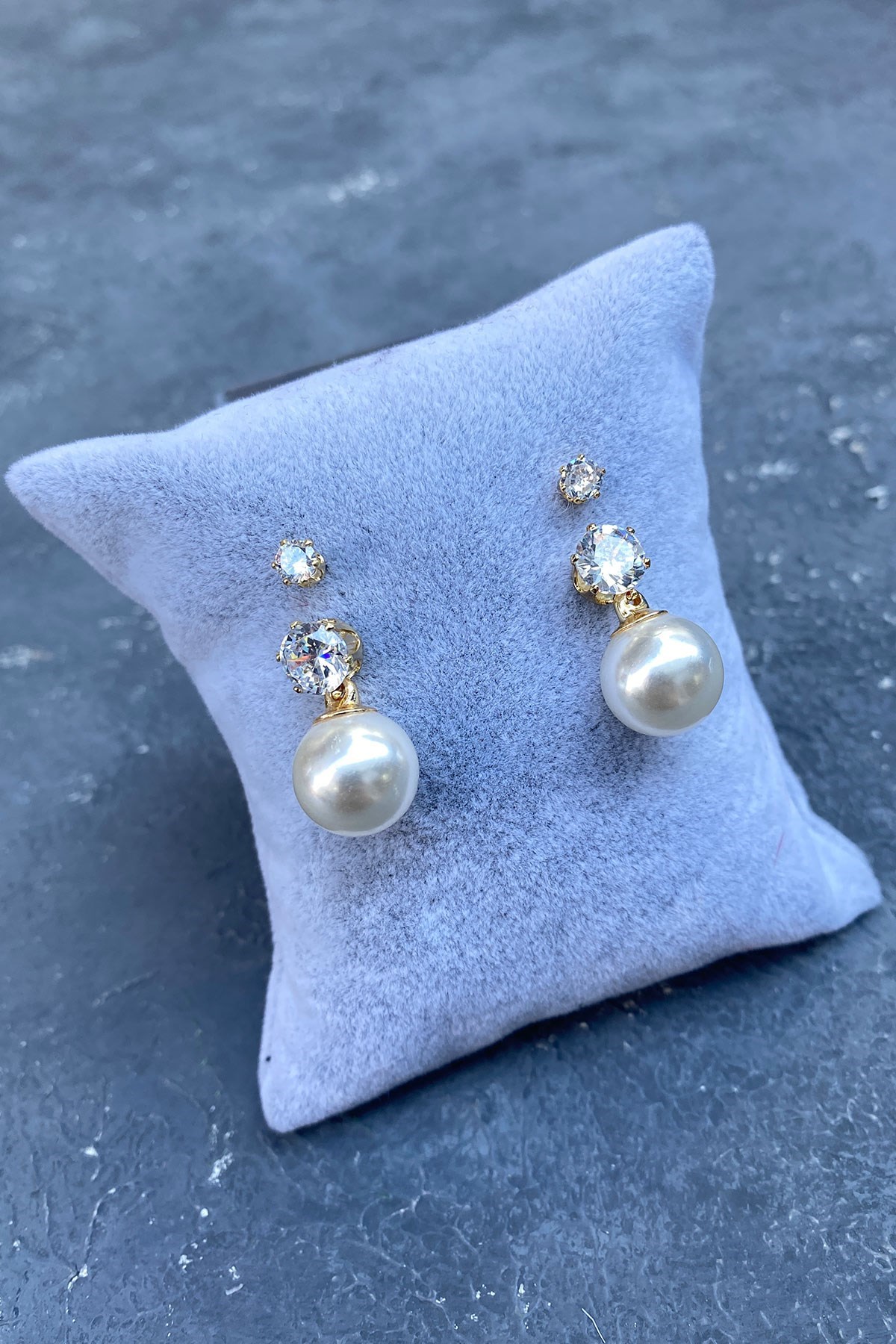 İnci Detaylı Taşlı Abiye Gold Küpe