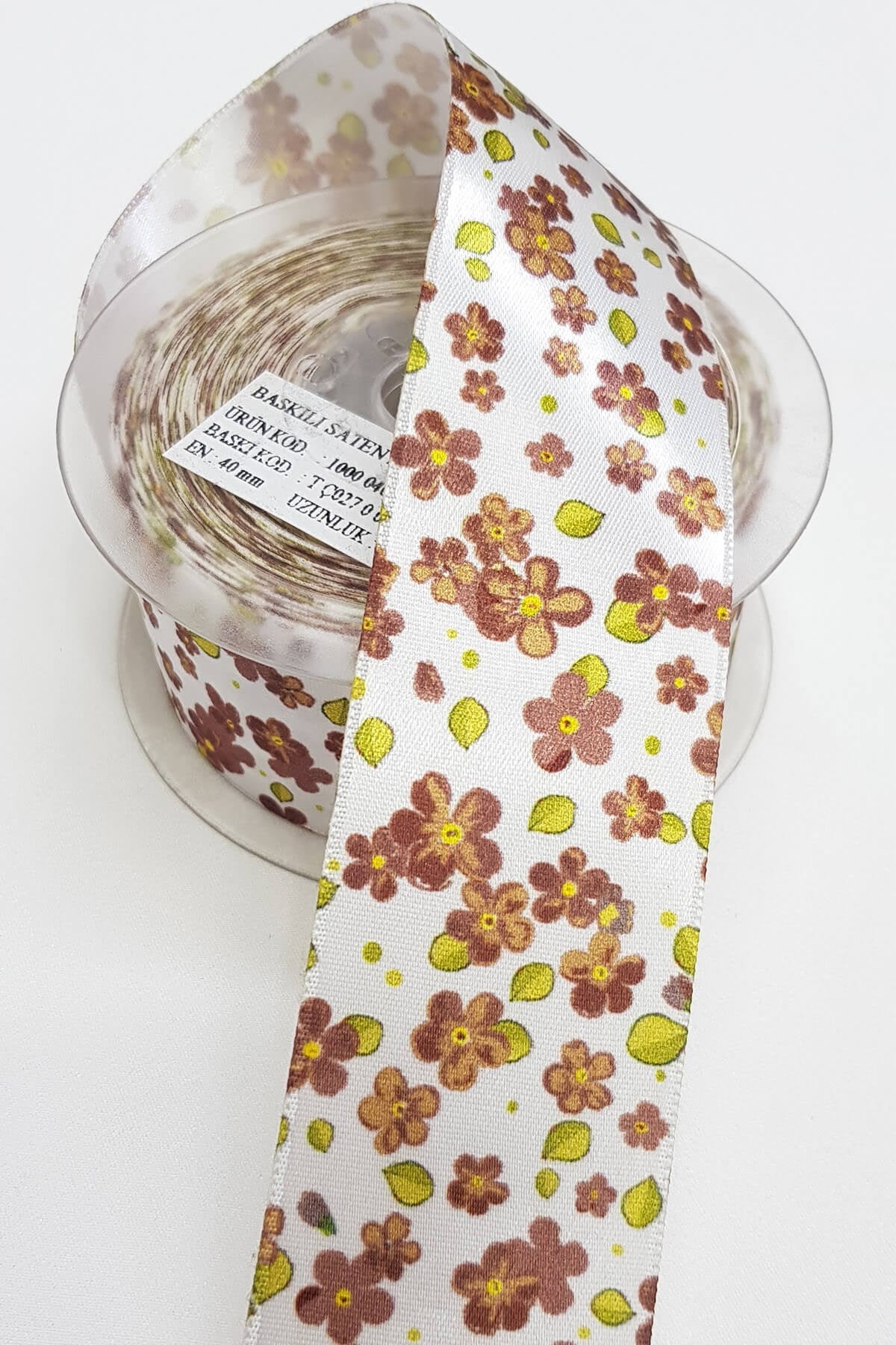 Kahve Çiçek Baskılı Saten Kurdele 4Cm