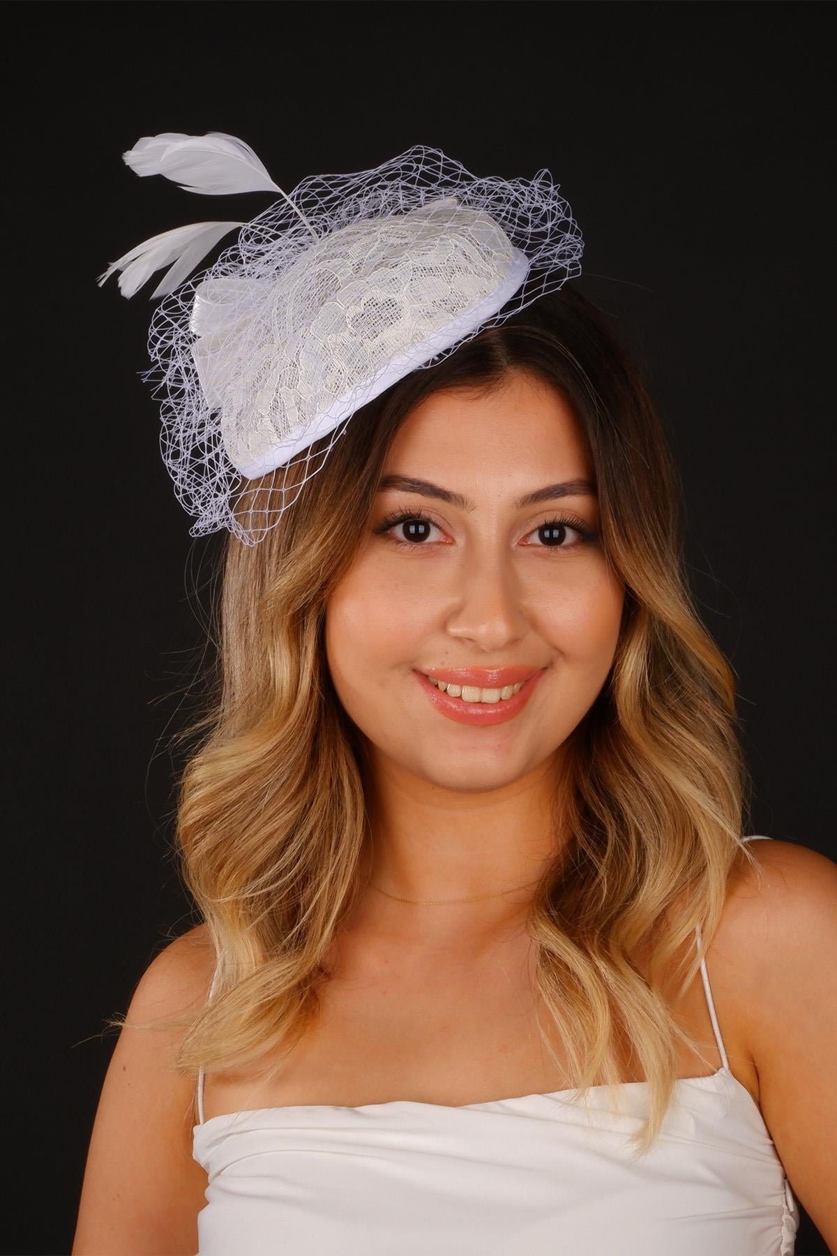 Kırık Beyaz Vualet Nikah Şapkası Miss Dantelli Tüllü Gelin Aksesuarı