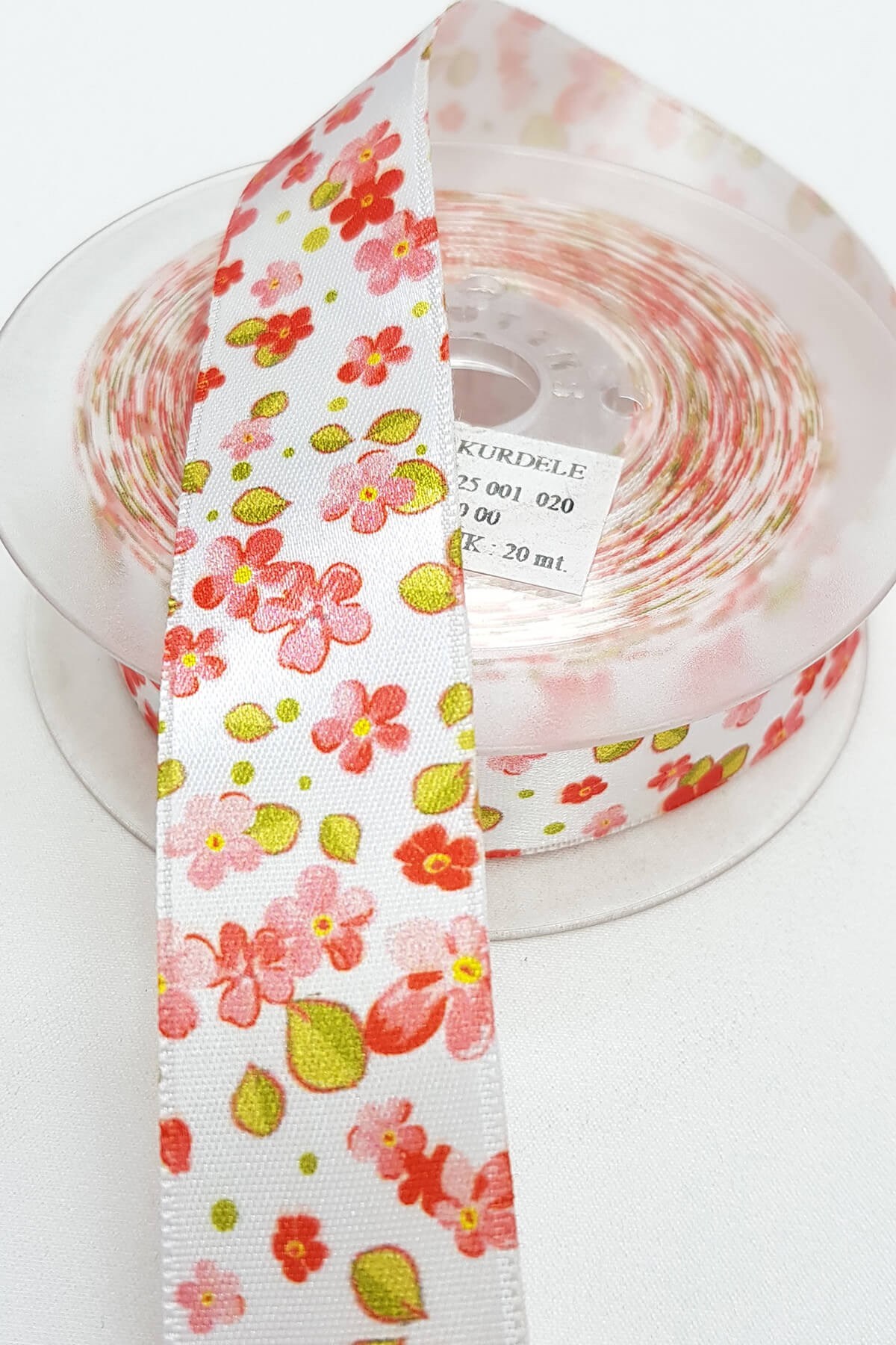 Kırmızı Çiçek Baskılı Saten Kurdele 2,5Cm