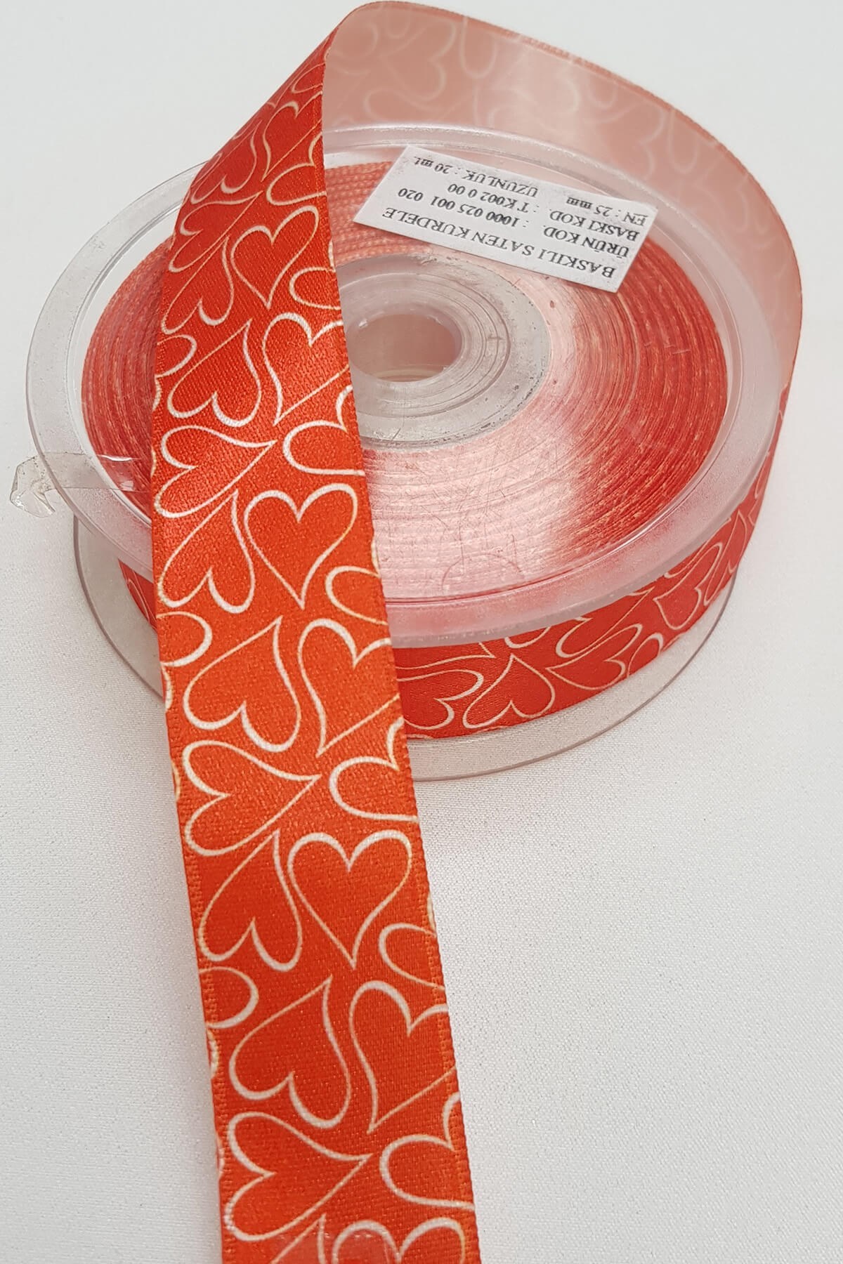 Kırmızı Kalp Baskılı Saten Kurdele 2,5Cm