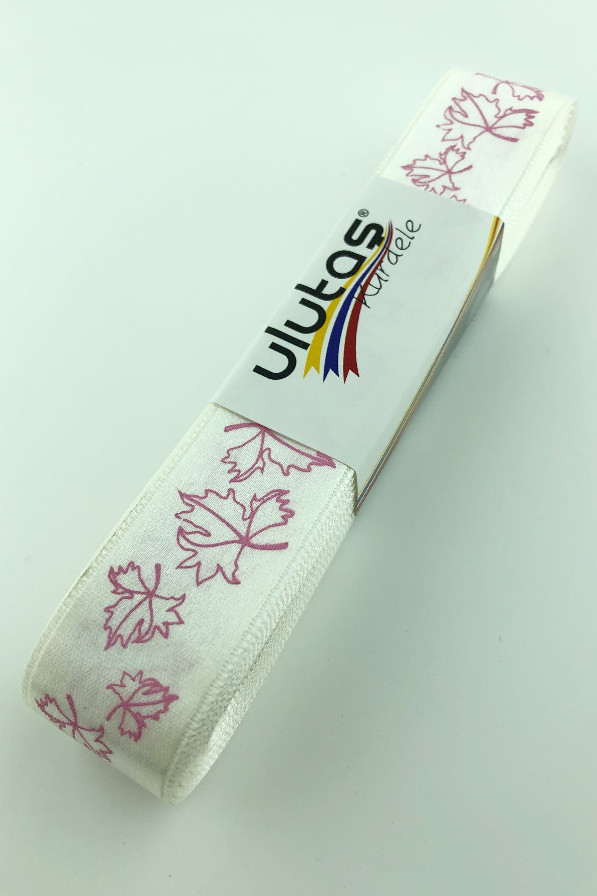 Krem Pembe Yaprak Baskılı Saten Kurdele 2,5 cm