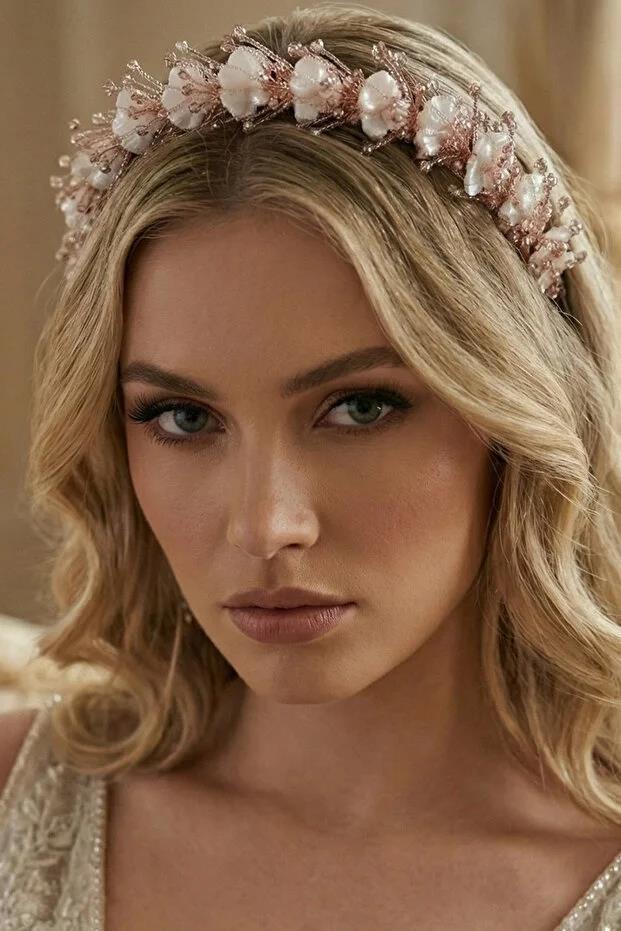 Kristal Taşlı ve Sedefli Gelin Tacı Nedime Kına Saç Aksesuarı