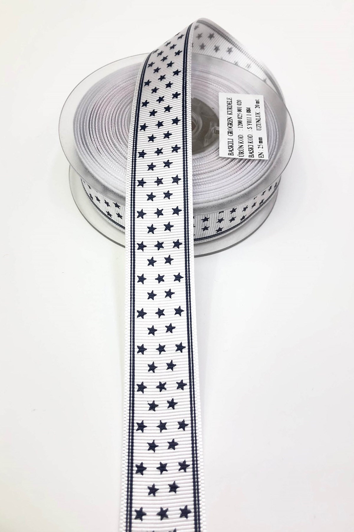 Lacivert Yıldızlı Baskılı Grogren Kurdele 2,5Cm