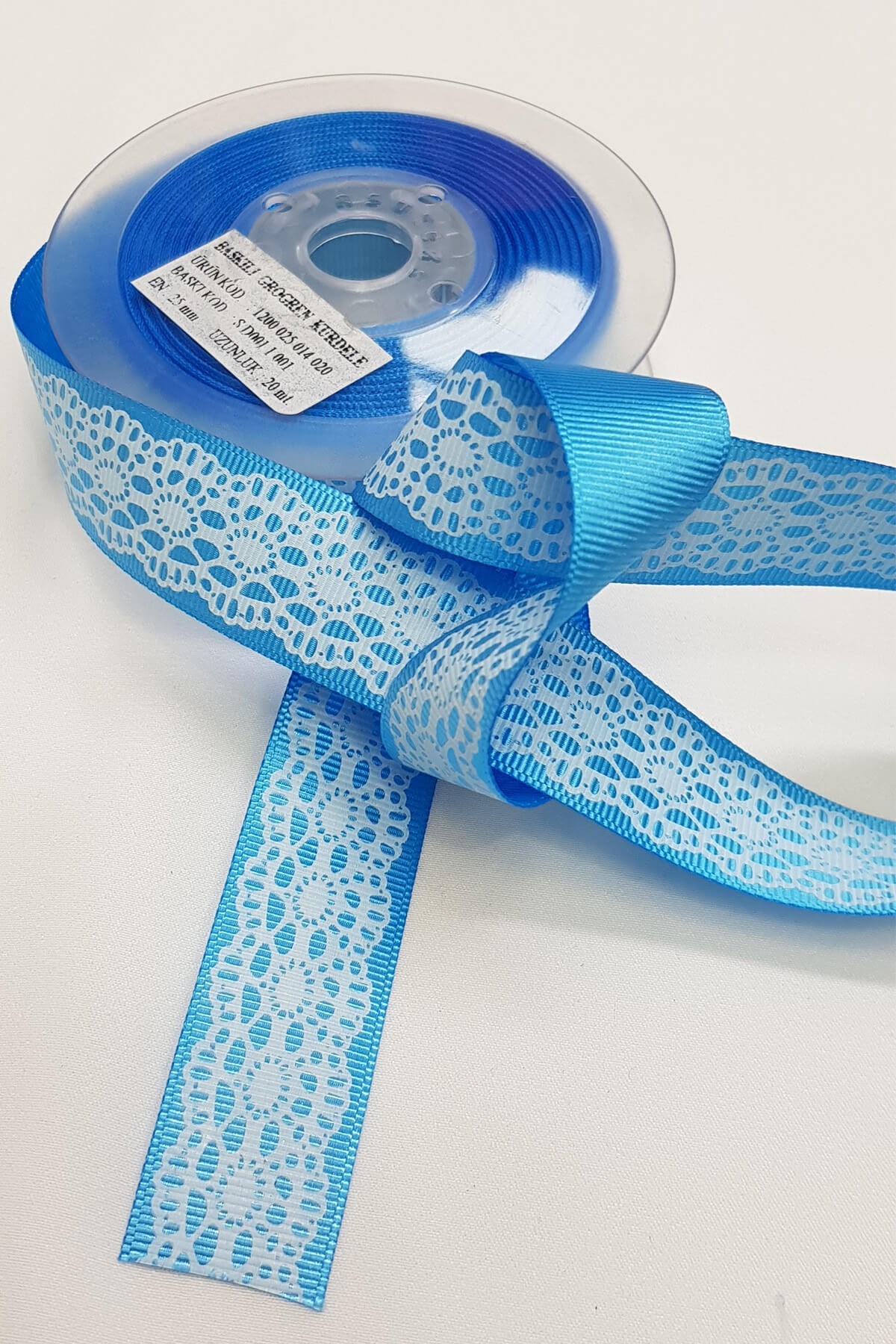 Mavi Dantel Desen Baskılı Grogren Kurdele 2,5Cm