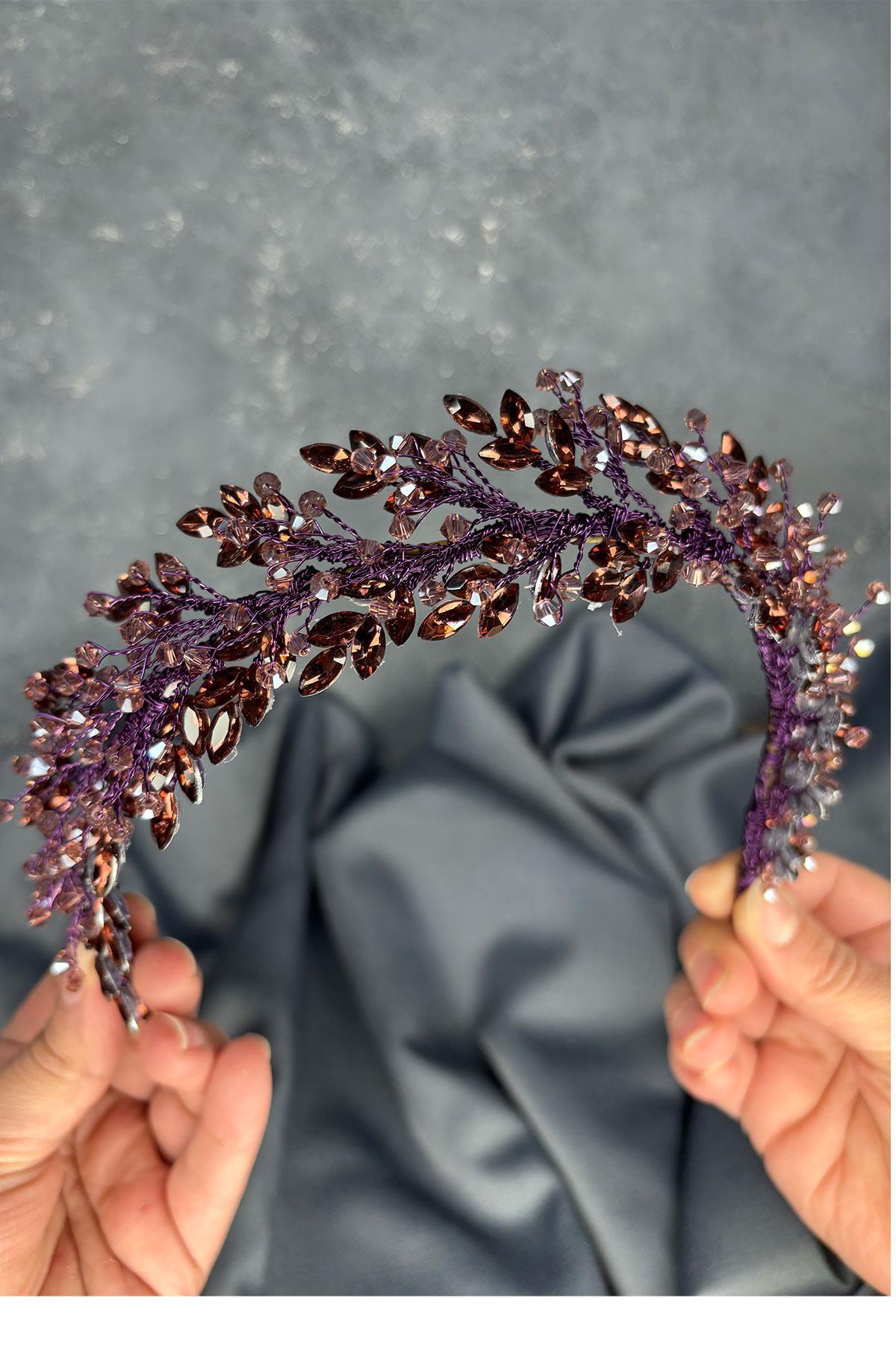 Mor Defne Gelin Tacı Saç Ve Türban Aksesuarı