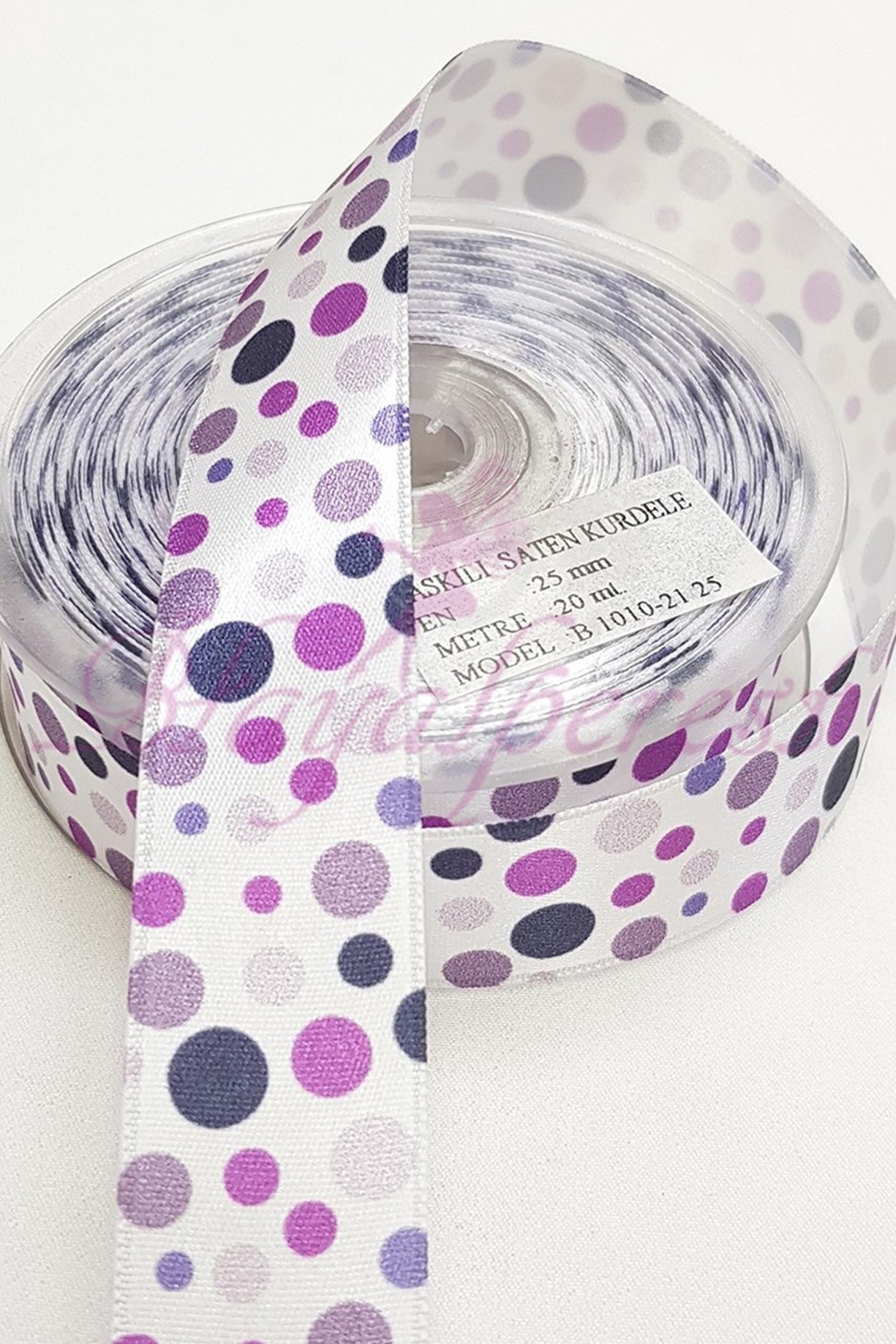 Mor Puantiyeli Baskılı Saten Kurdele 2,5Cm