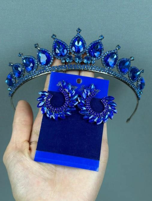 Neri Model Düğün Kına Kostüm Tacı ve Yaprak Küpe Seti Sax Blue