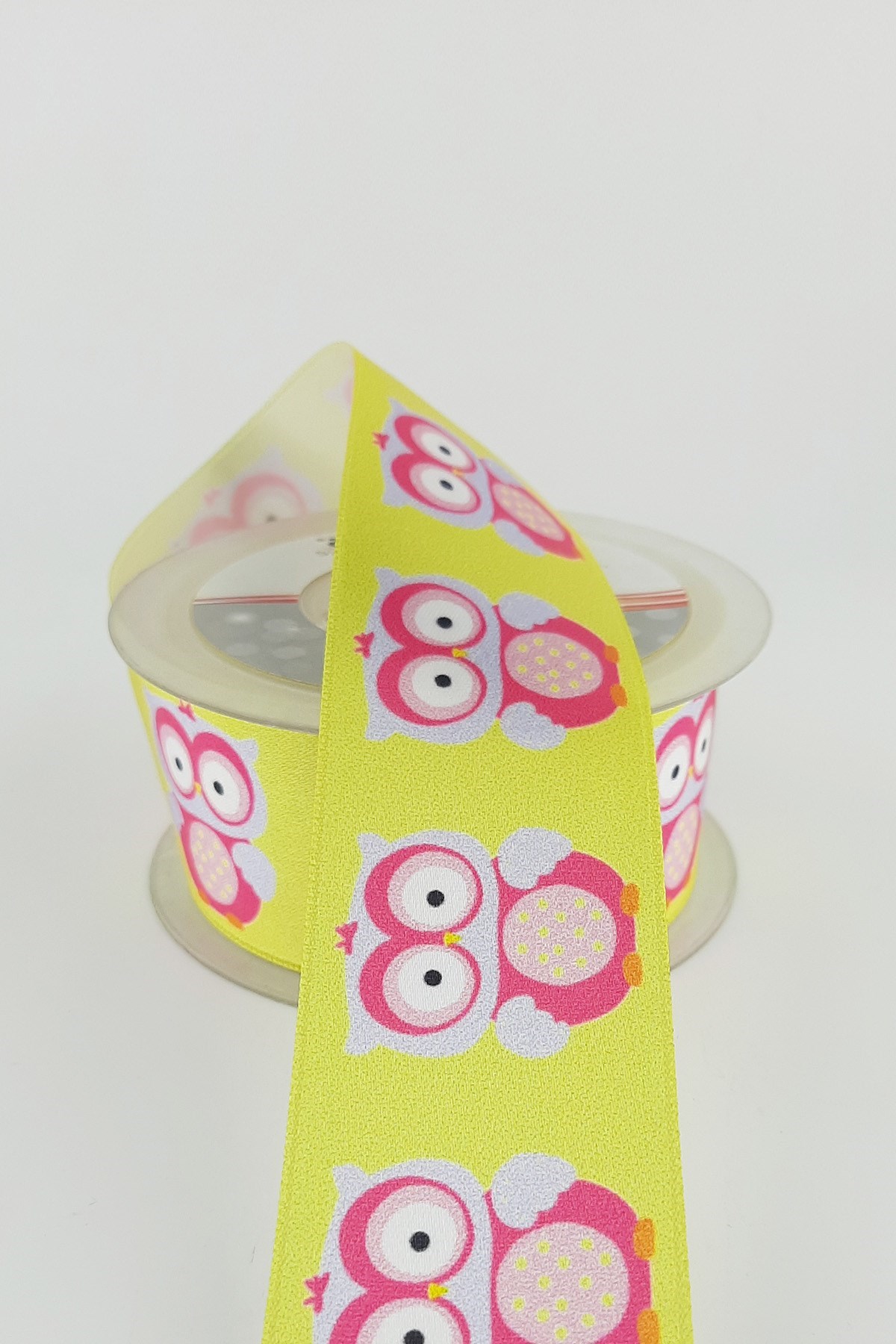 Pembe Baykuş Desenli Saten Kurdele 4 cm 20 mt