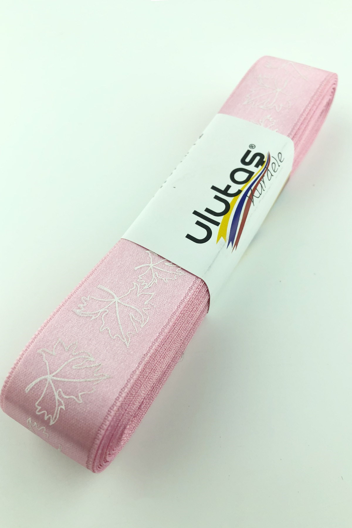 Pembe Beyaz Yaprak Baskılı Saten Kurdele 2,5 cm