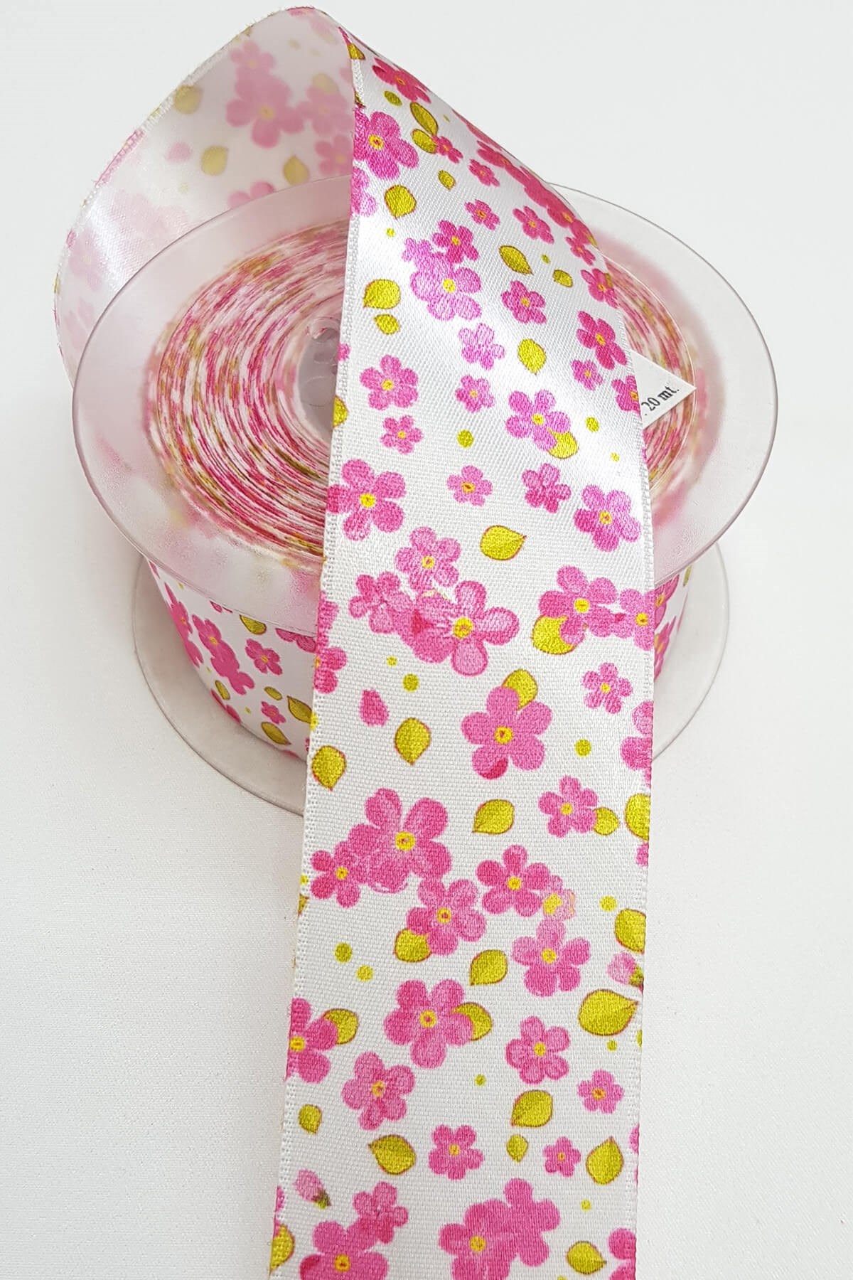 Pembe Çiçekli Baskılı Saten Kurdele 4Cm