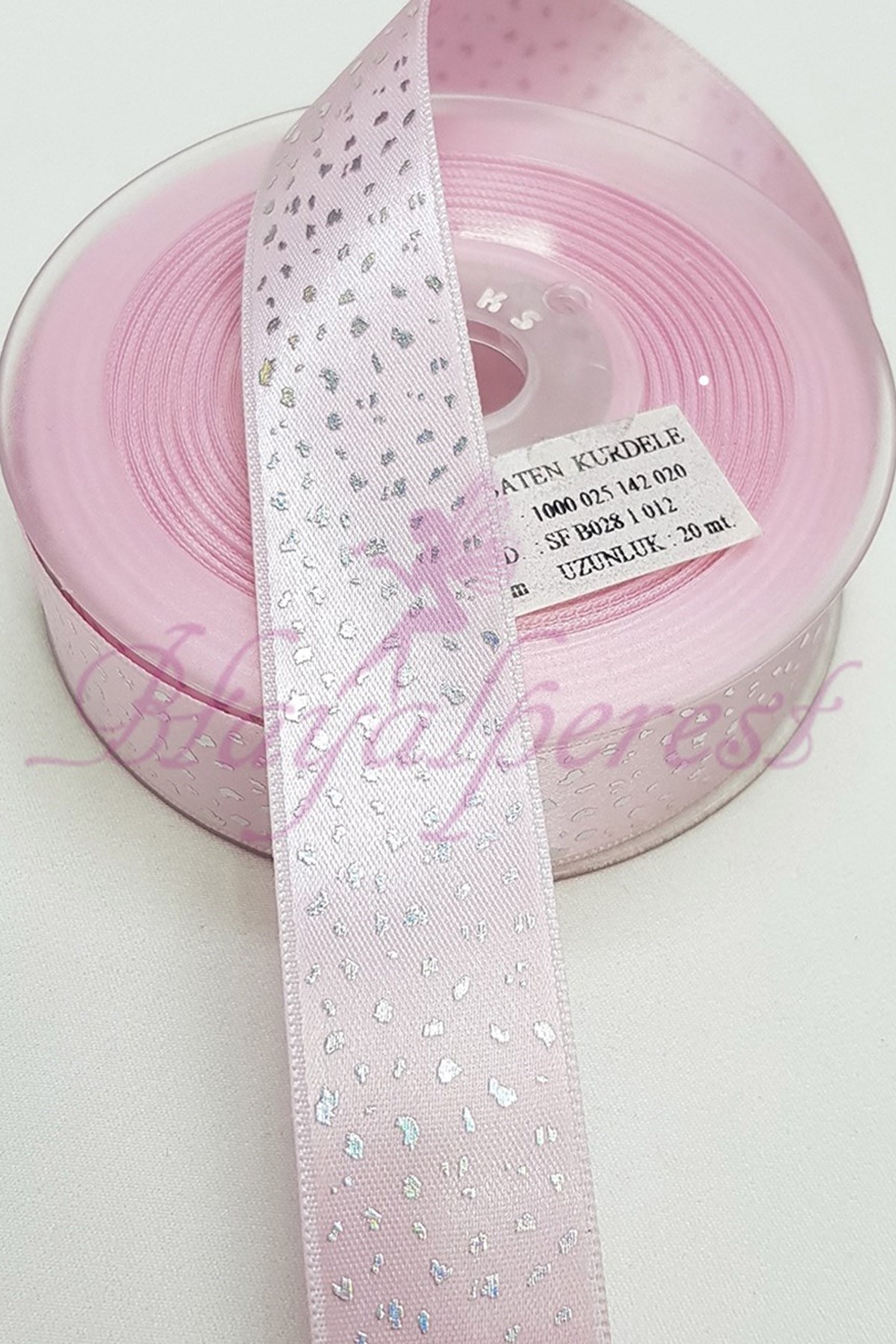 Pembe Gümüş Varak Baskılı Saten Kurdele 2,5Cm