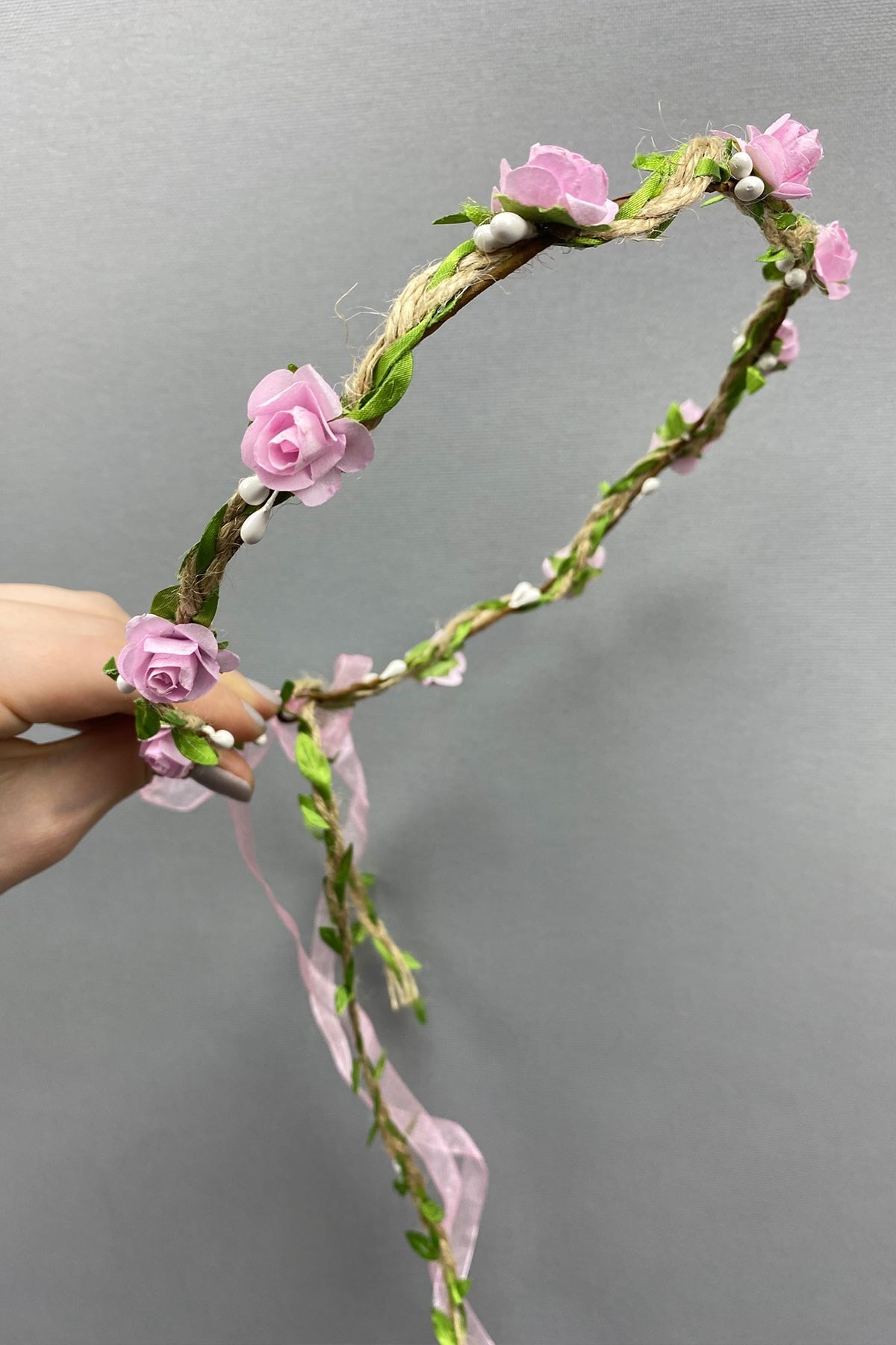 Pembe Kagıt Güllü Yapraklı Nedime Tacı ve Hediyelik Çocuk Tacı