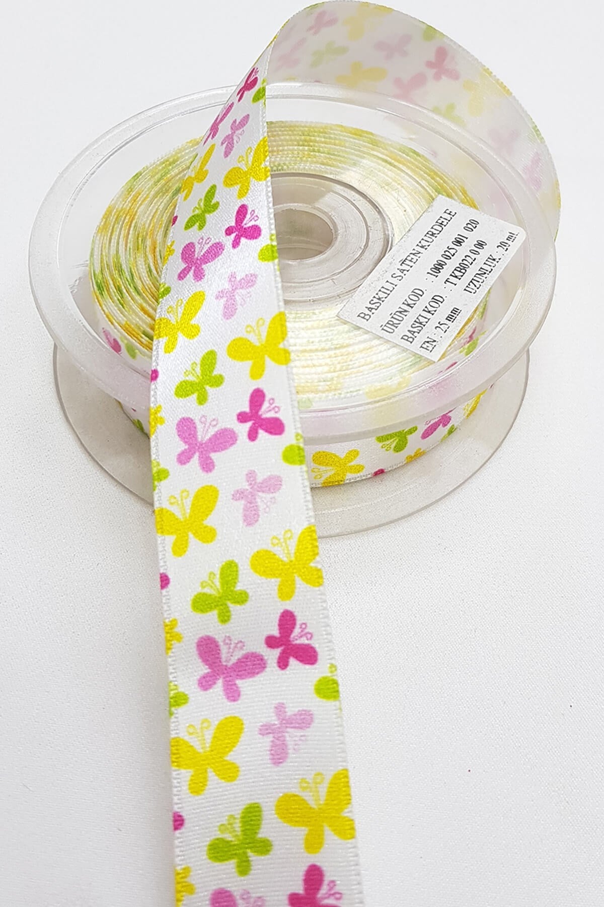 Pembe Kelebek Baskılı Saten Kurdele 2,5Cm