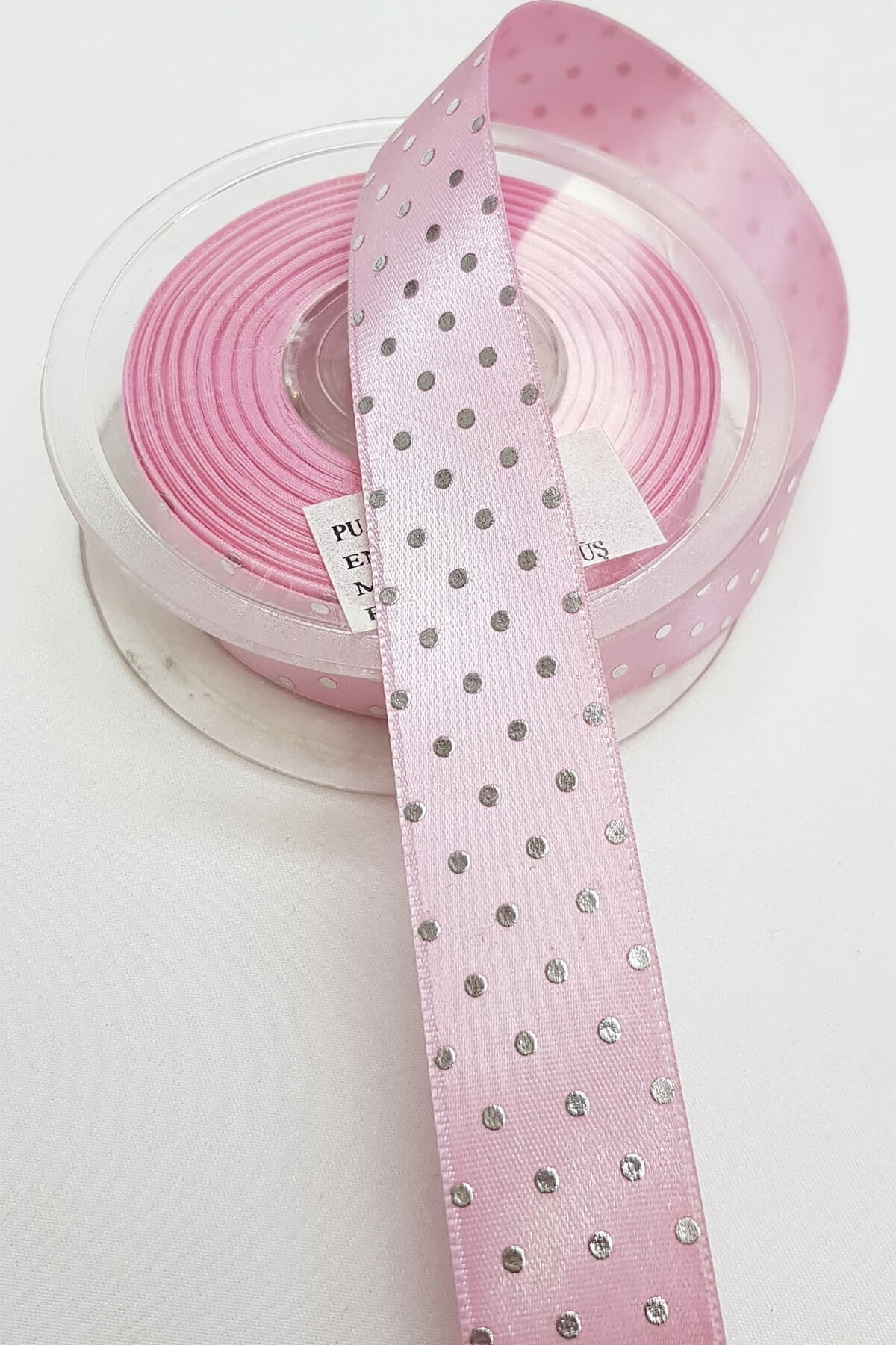 Pembe Puantiye Baskılı Saten Kurdele 2,5Cm