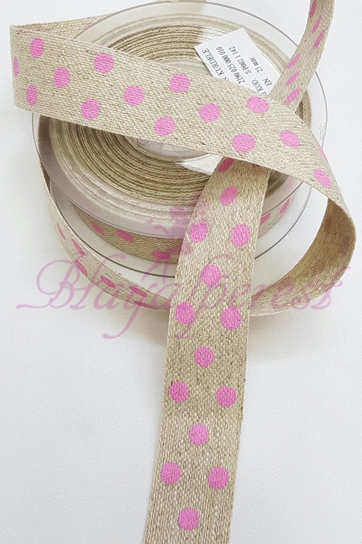 Pembe Puantiyeli Baskılı Keten Kurdele 1,5Cm