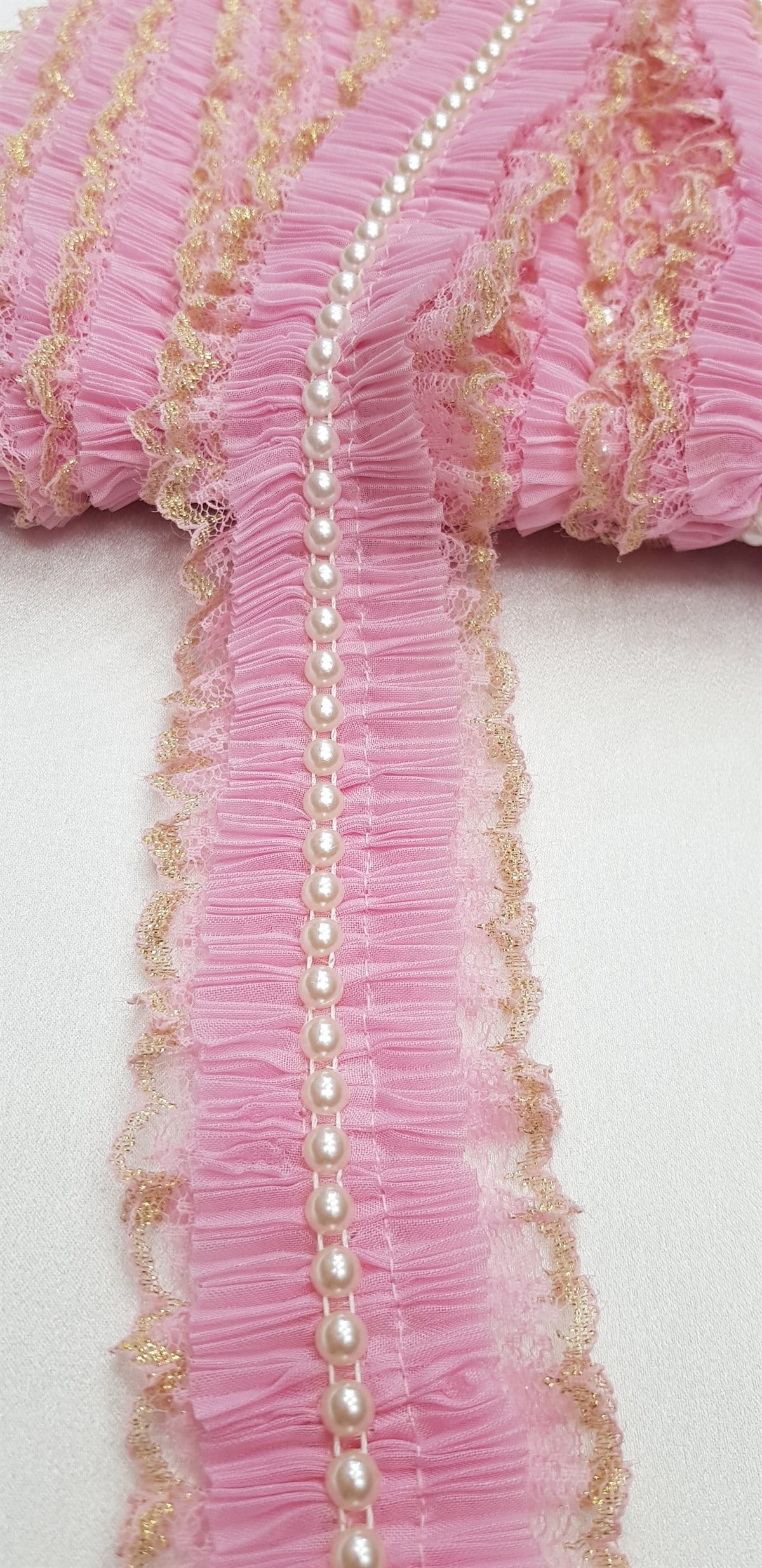 Pembe Renk İnci Dantelli Fırfır 3-4 cm