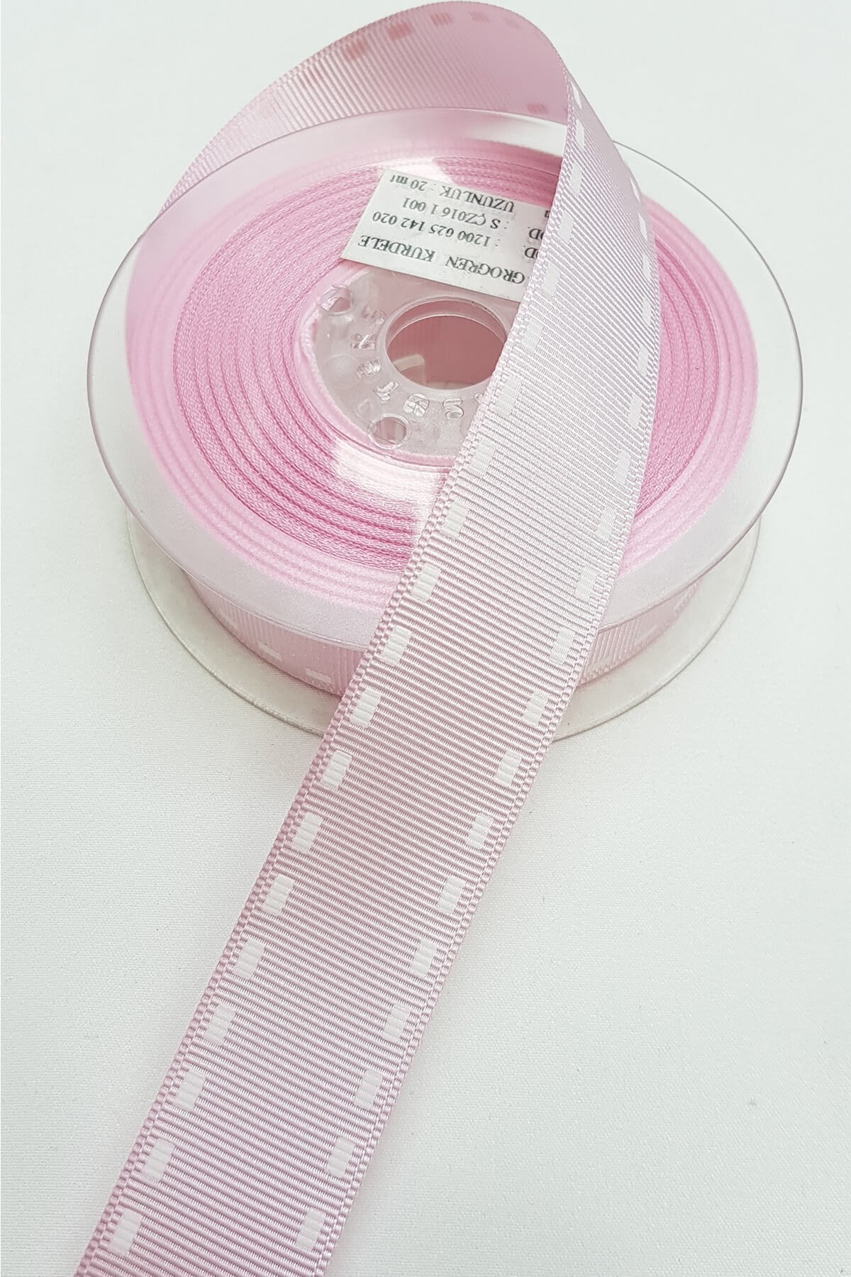 Pembe Şeritli Baskılı Grogren Kurdele 2,5Cm