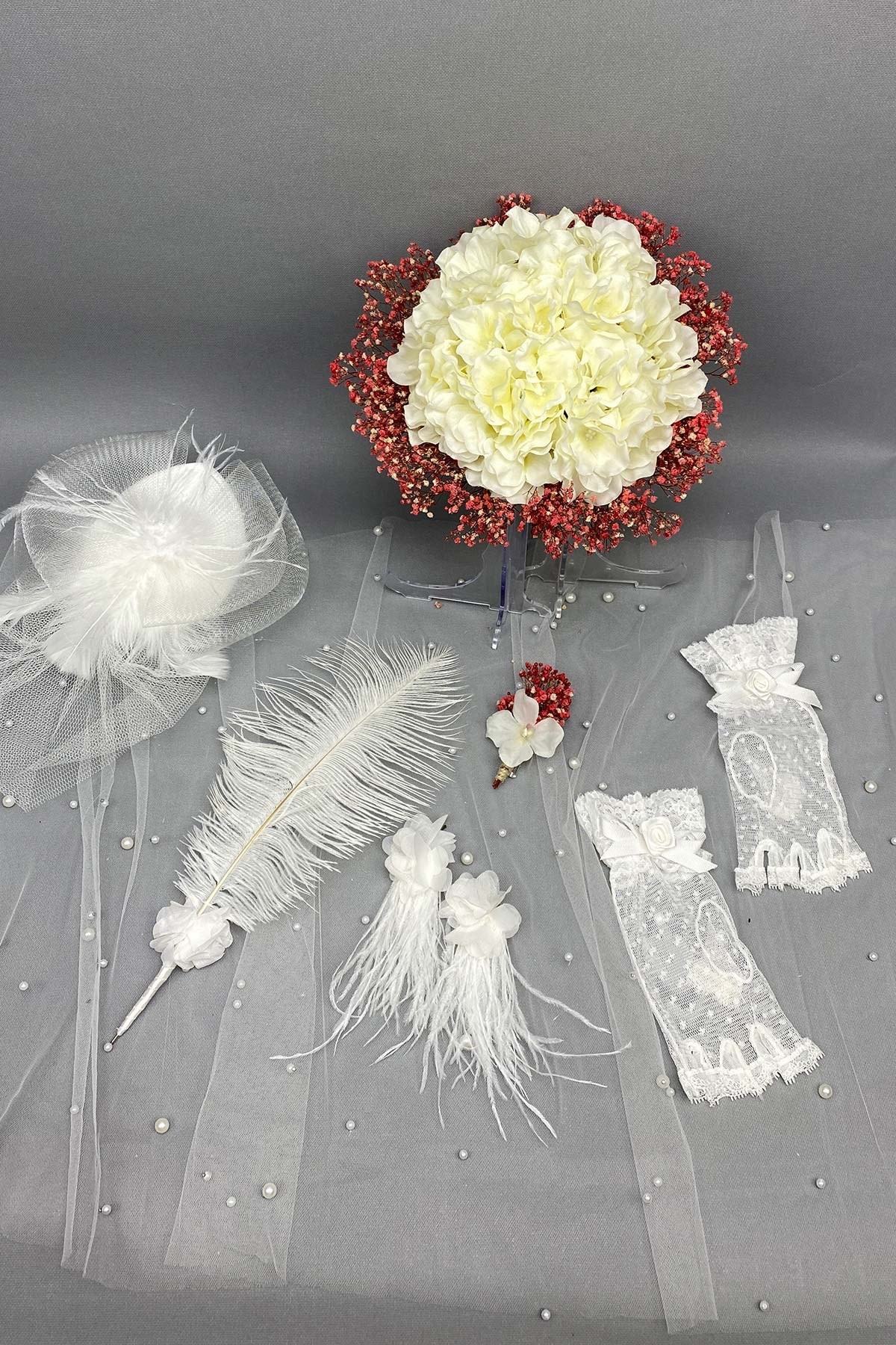 Pudra Ortancalı Gelin Buketi,Nikah Şapkası ve Gelin Eldiveni Seti