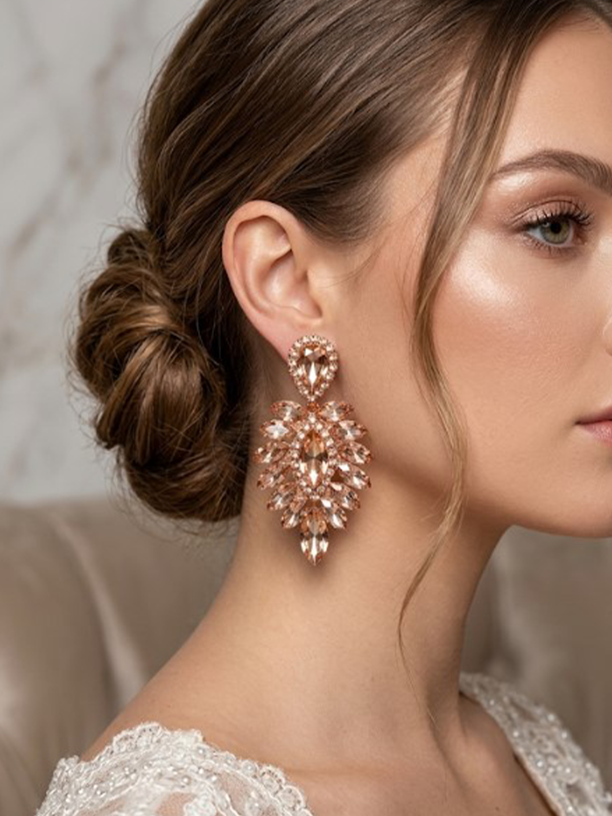 Rose Rengi Vera Mekik Vip Kristal Taşlı Abiye Gelin Küpesi