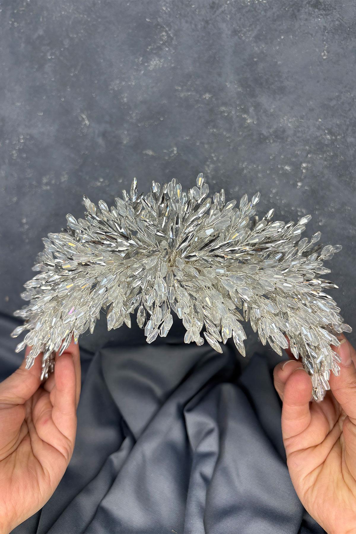 Şeffaf Gümüş Eva Yoğun Boncuk İşlemeli Gelin Kına Tacı