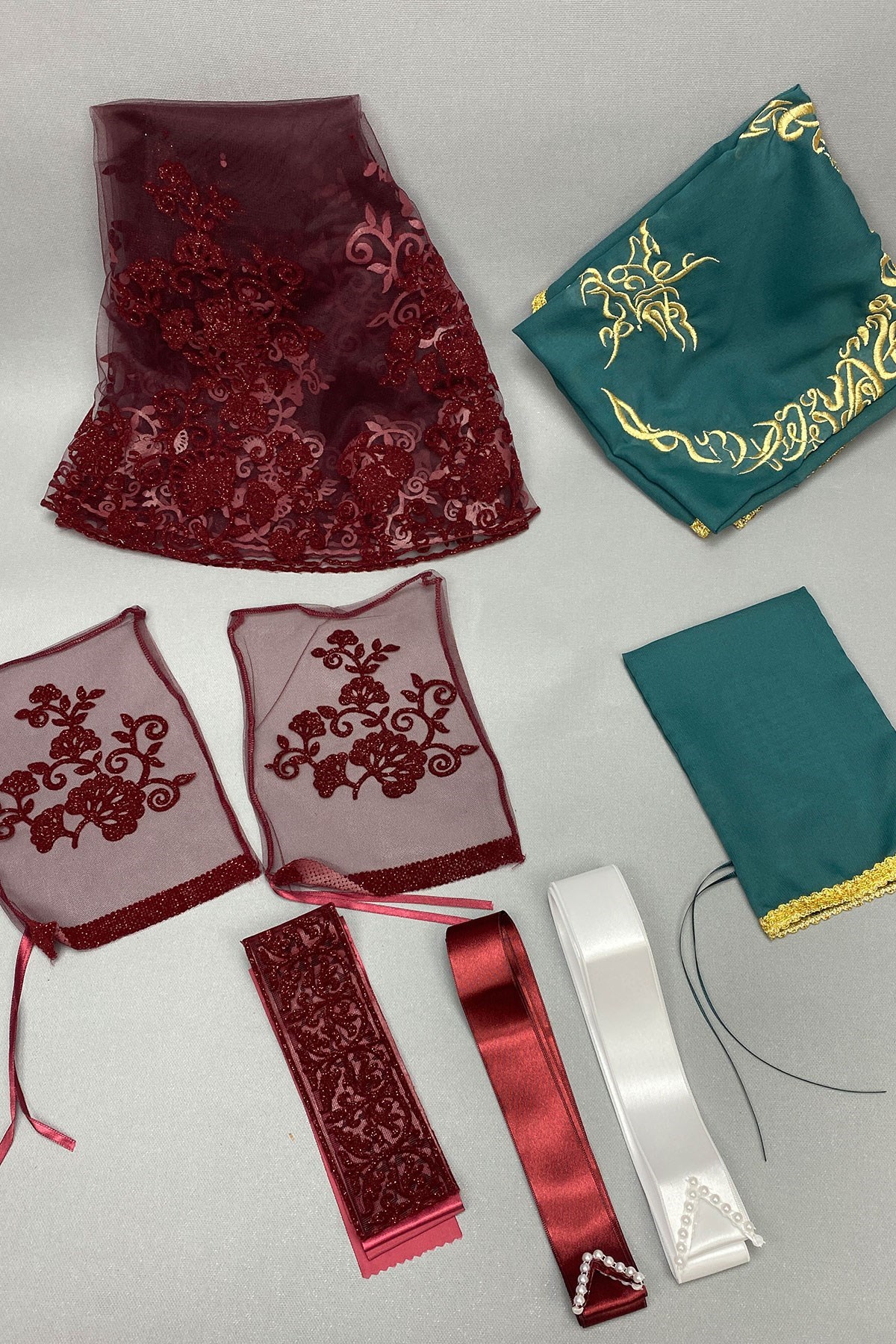 Simli Gelin Yüz Örtüsü ve Ay Yıldız Nakışlı Damat Örtüsü Takı Kurdelesi