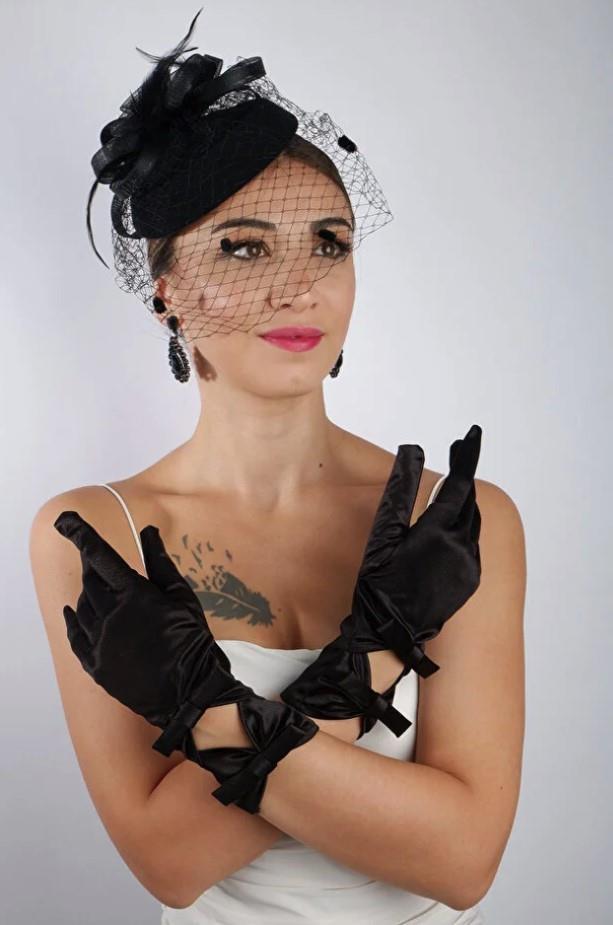 Siyah Saten Fiyonklu Gelin Eldiveni Düğün Nikah Aksesuarı Fascinator Şapka Seti
