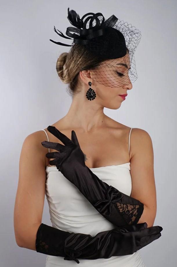 Siyah Saten Kısa Gelin Eldiveni Düğün Nikah Aksesuarı Fascinator Şapka Se