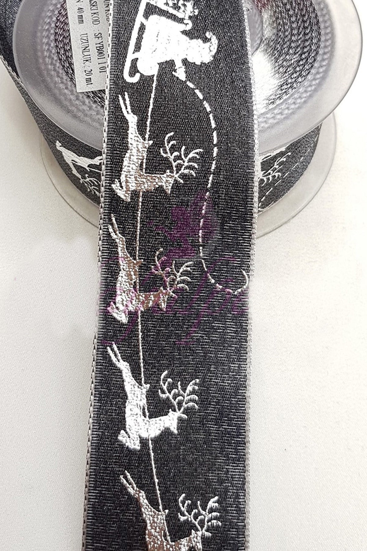 Siyah Varak Baskılı Simli Yılbaşı Kurdele 4Cm
