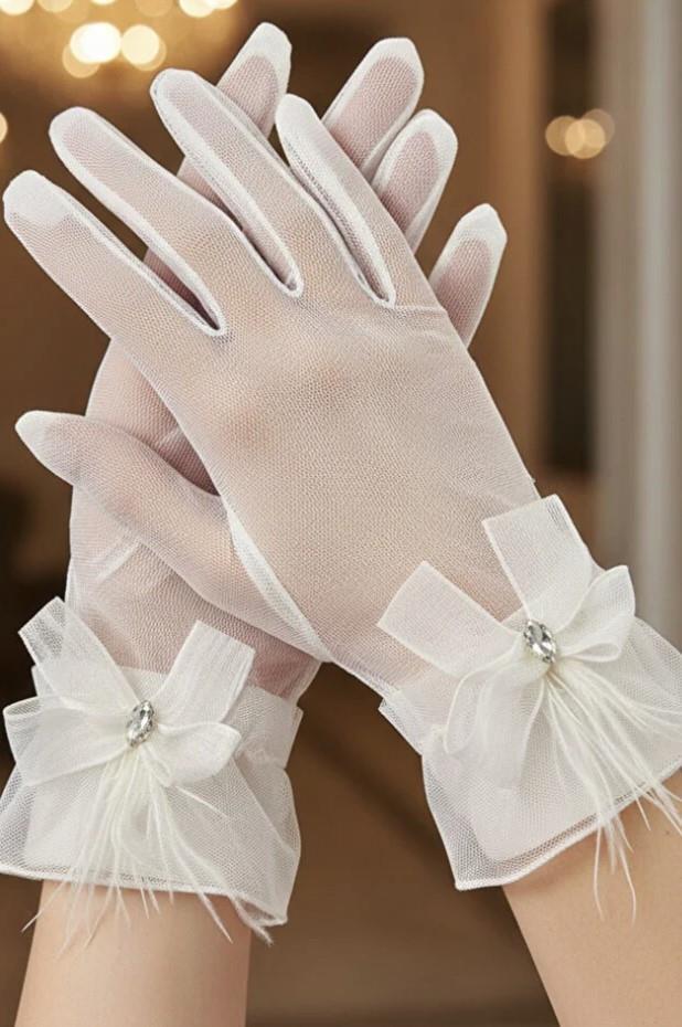 Tül Gelin Eldiveni-Tül Fiyonk ve Markiz Taş Detaylı Nikah Eldiveni