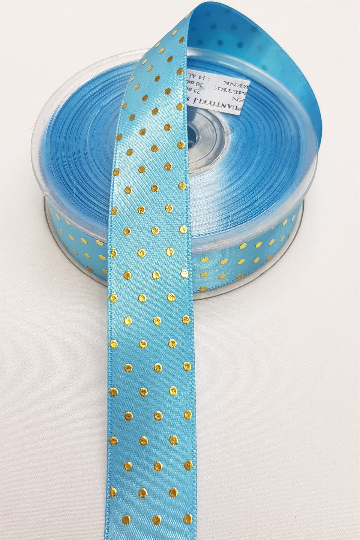Turkuaz Puantiye Baskılı Saten Kurdele 2,5Cm