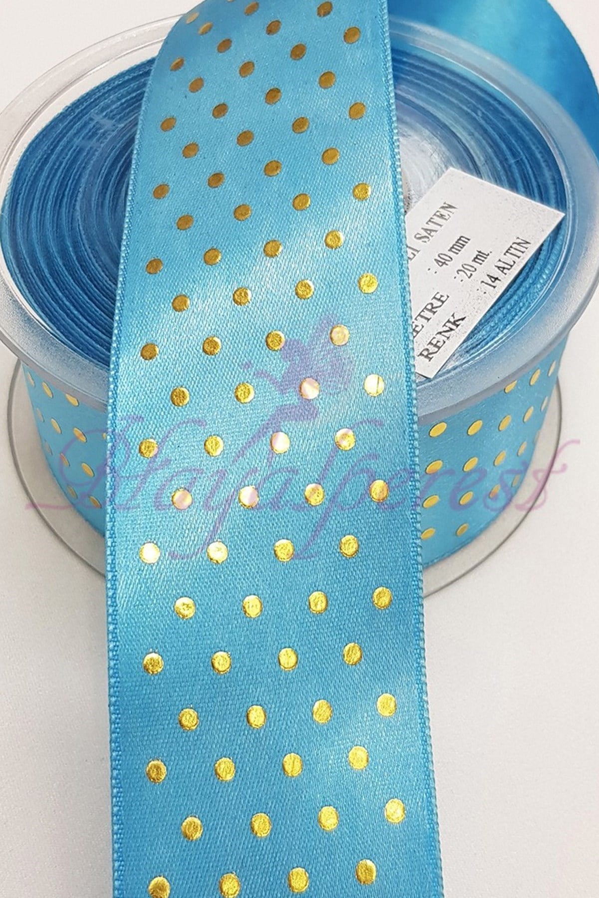 Turkuaz Puantiyeli Baskı Saten Kurdele 4Cm