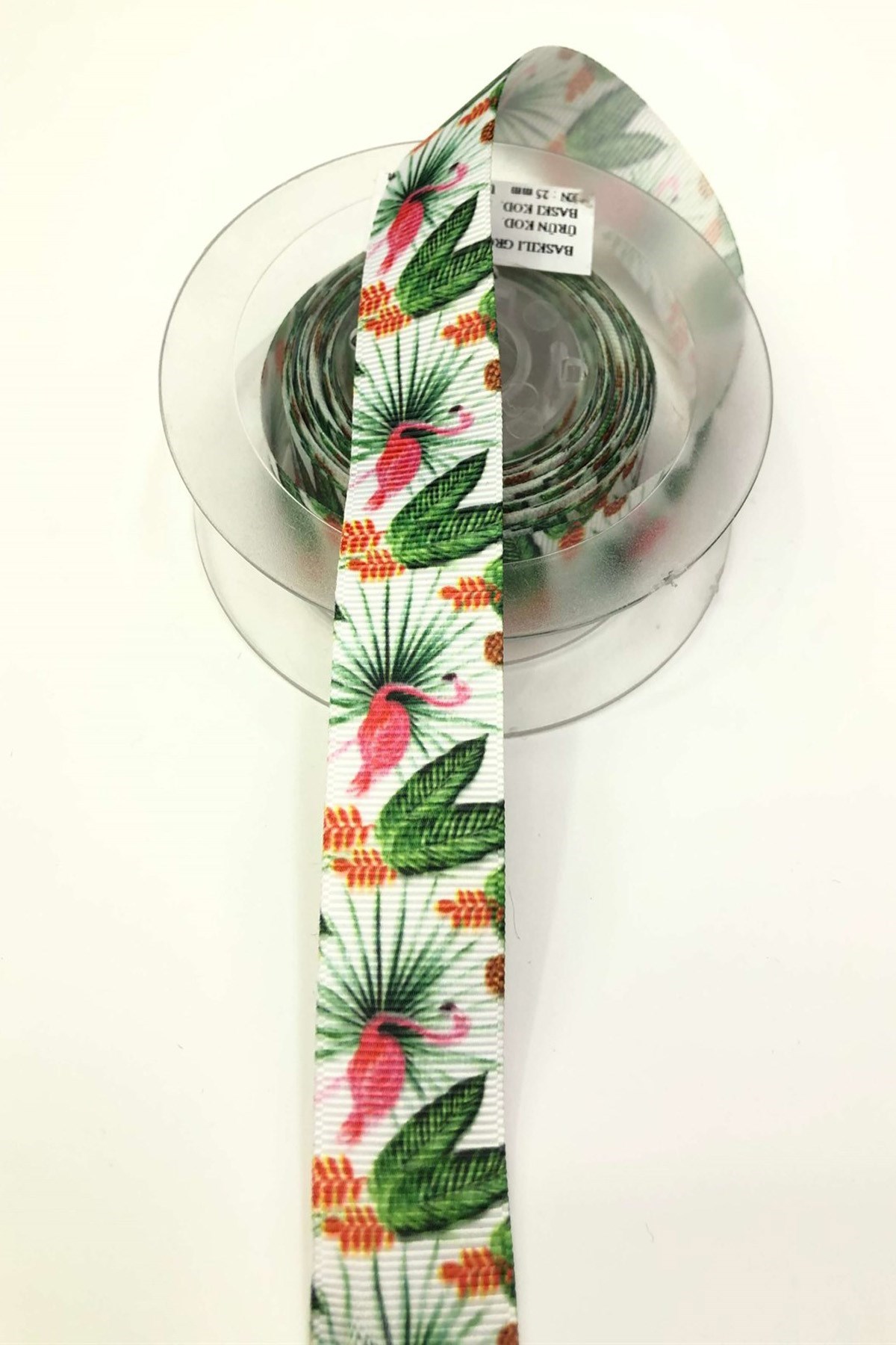 Yeşil Pembe Flamingo Baskılı Grogren Kurdele 2,5Cm