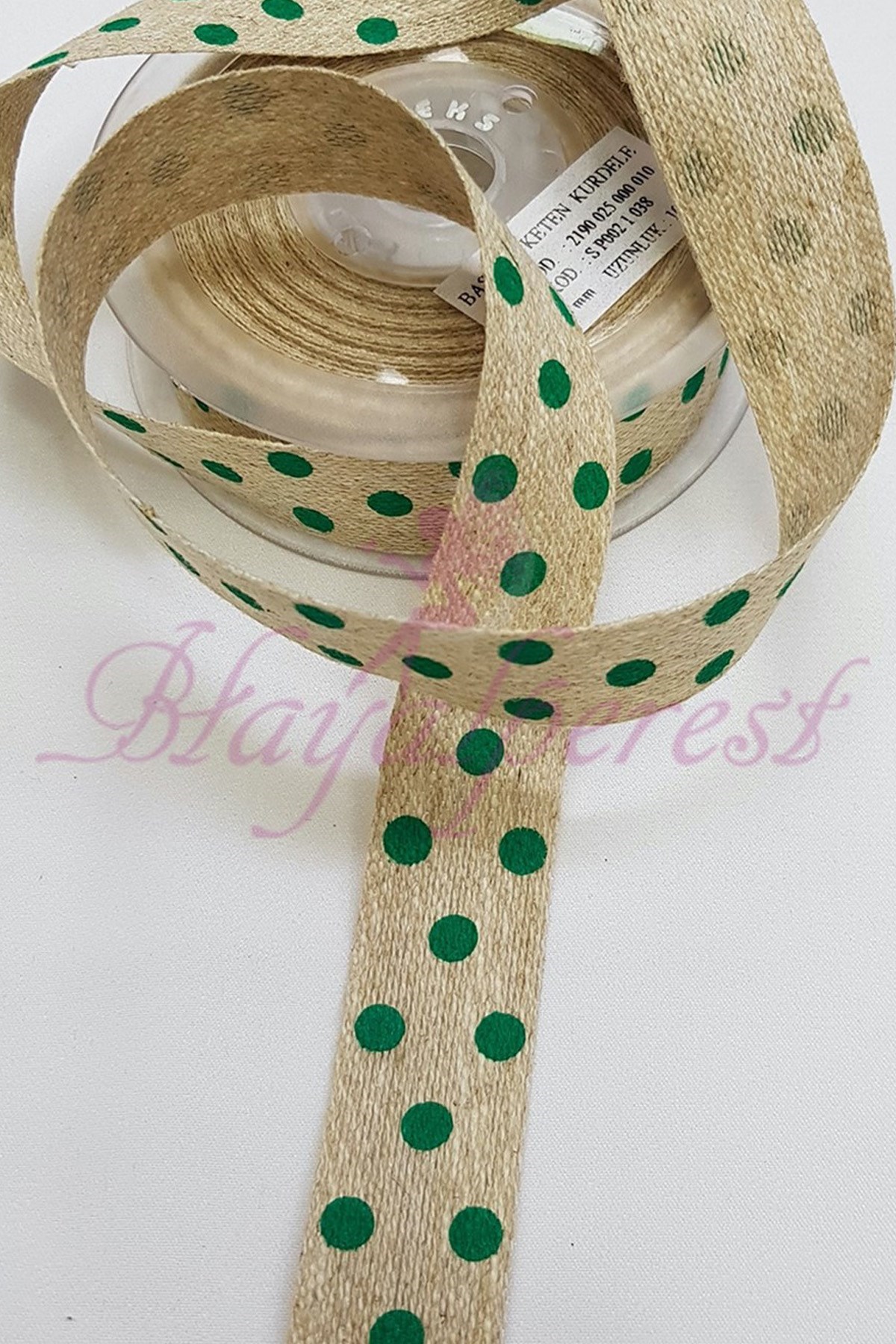 Yeşil Puantiye Baskılı Keten Kurdele 1,5Cm