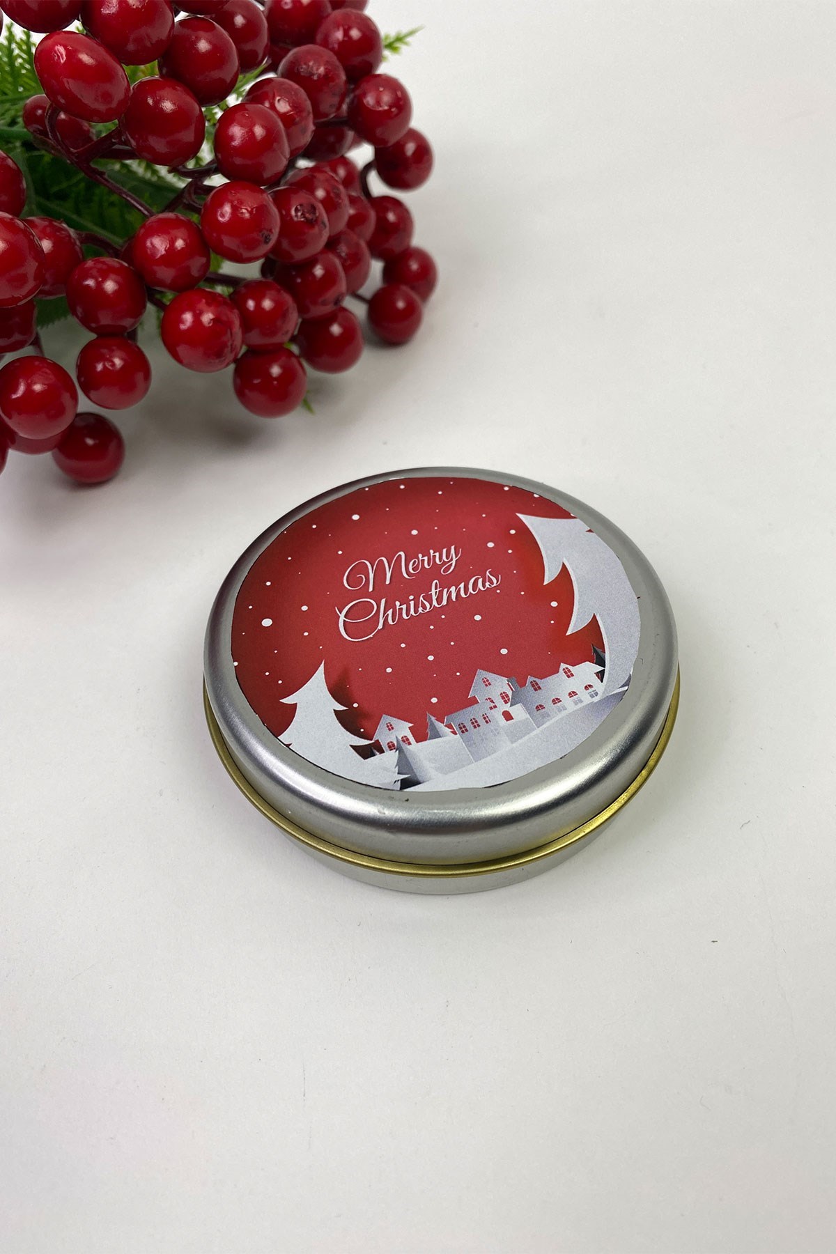 Yuvarlak Gümüş Teneke Kutu Kırmızı Merry Christmas Baskılı