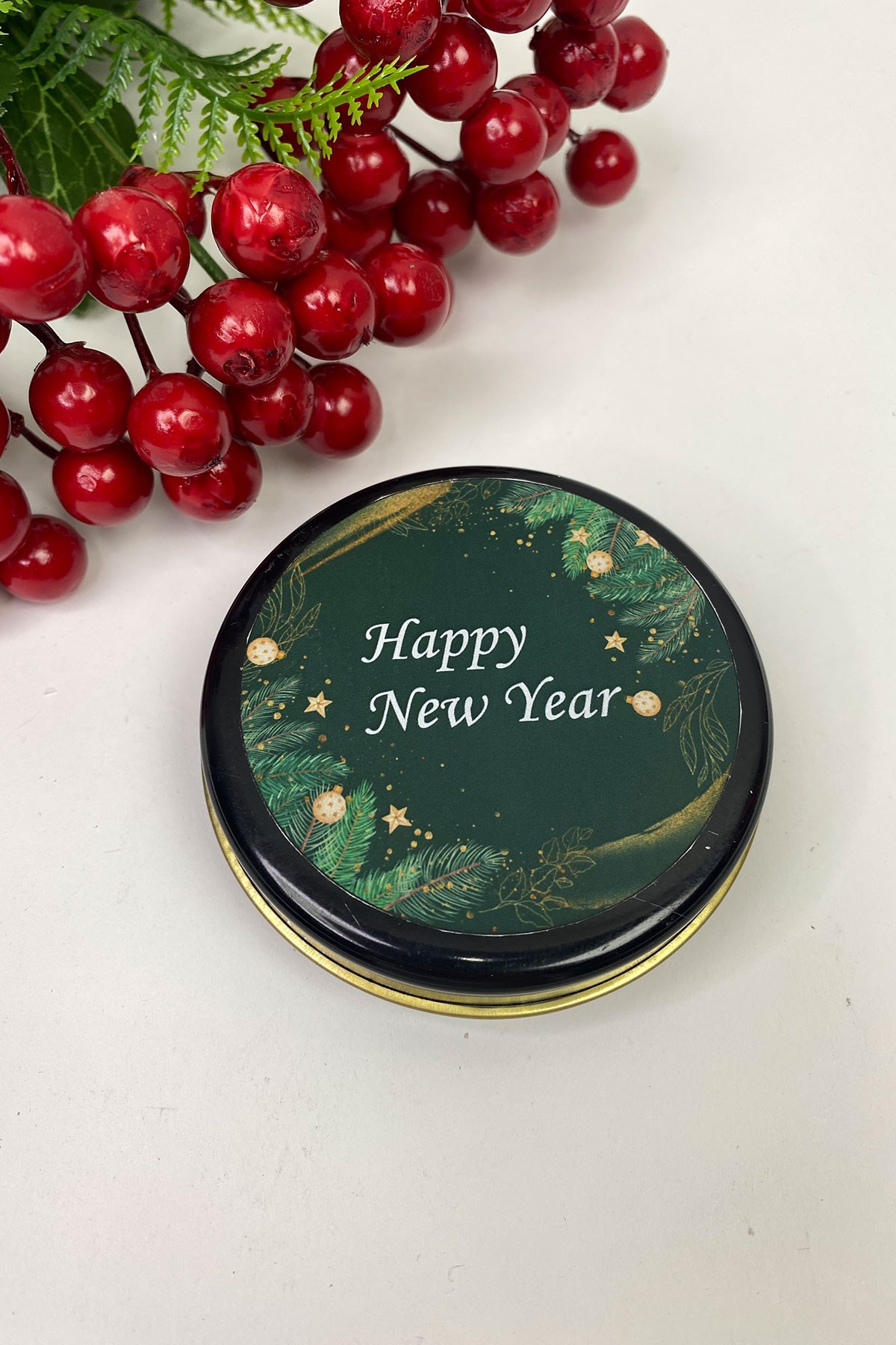 Yuvarlak Siyah Teneke Mum Yeşil Happy New Year Baskılı