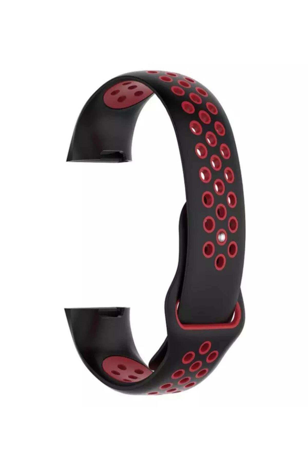 Fitbit Charge 3 Için Large Beden(l Sıze) Delikli Silikon Kordon Siyah Kırmızı