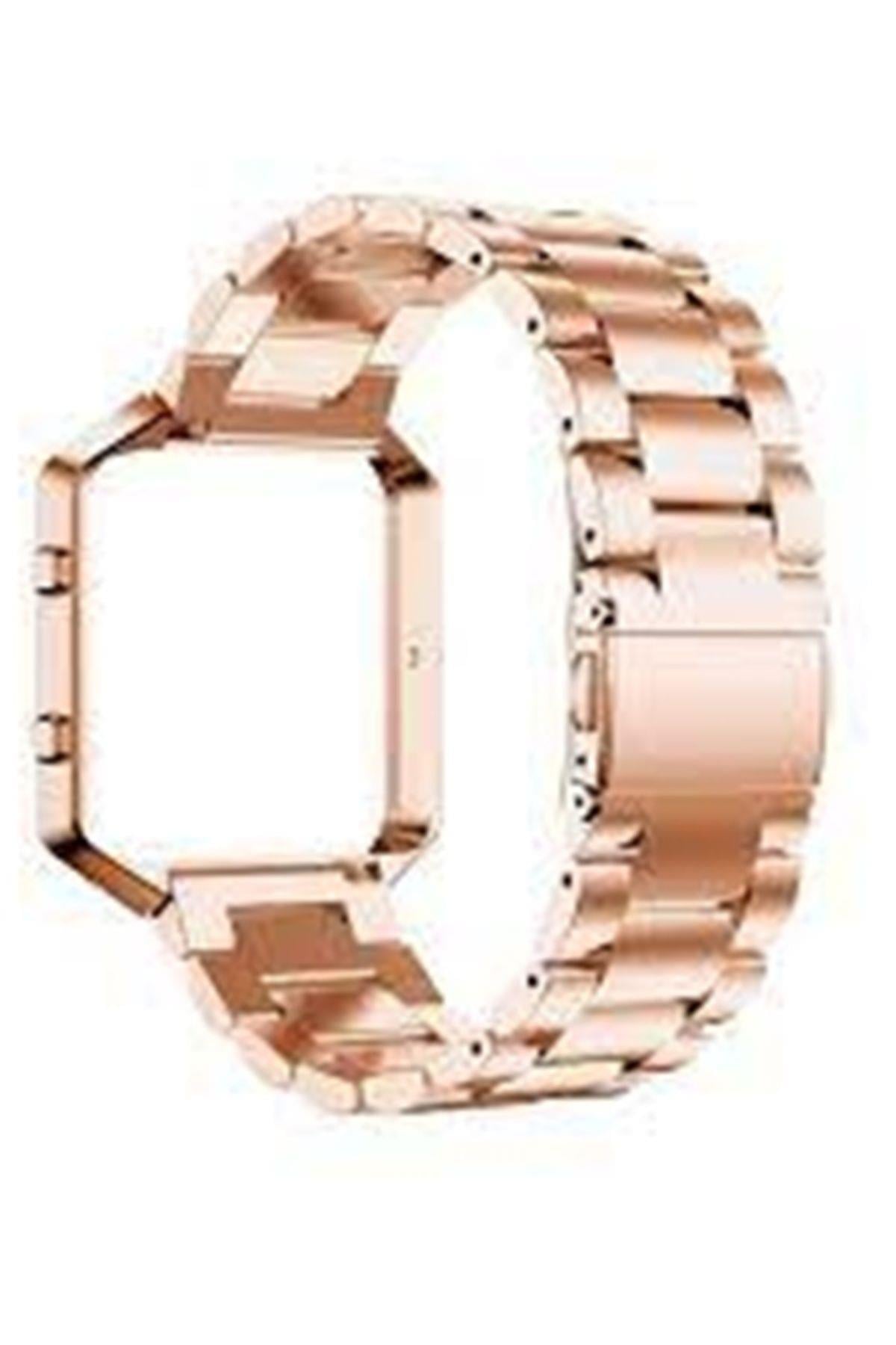 Fitbit Blaze Metal Çerçeve Kelebek Toka Üç Boncuk Paslanmaz Çelik Metal Saat Kordonu Roze Gold